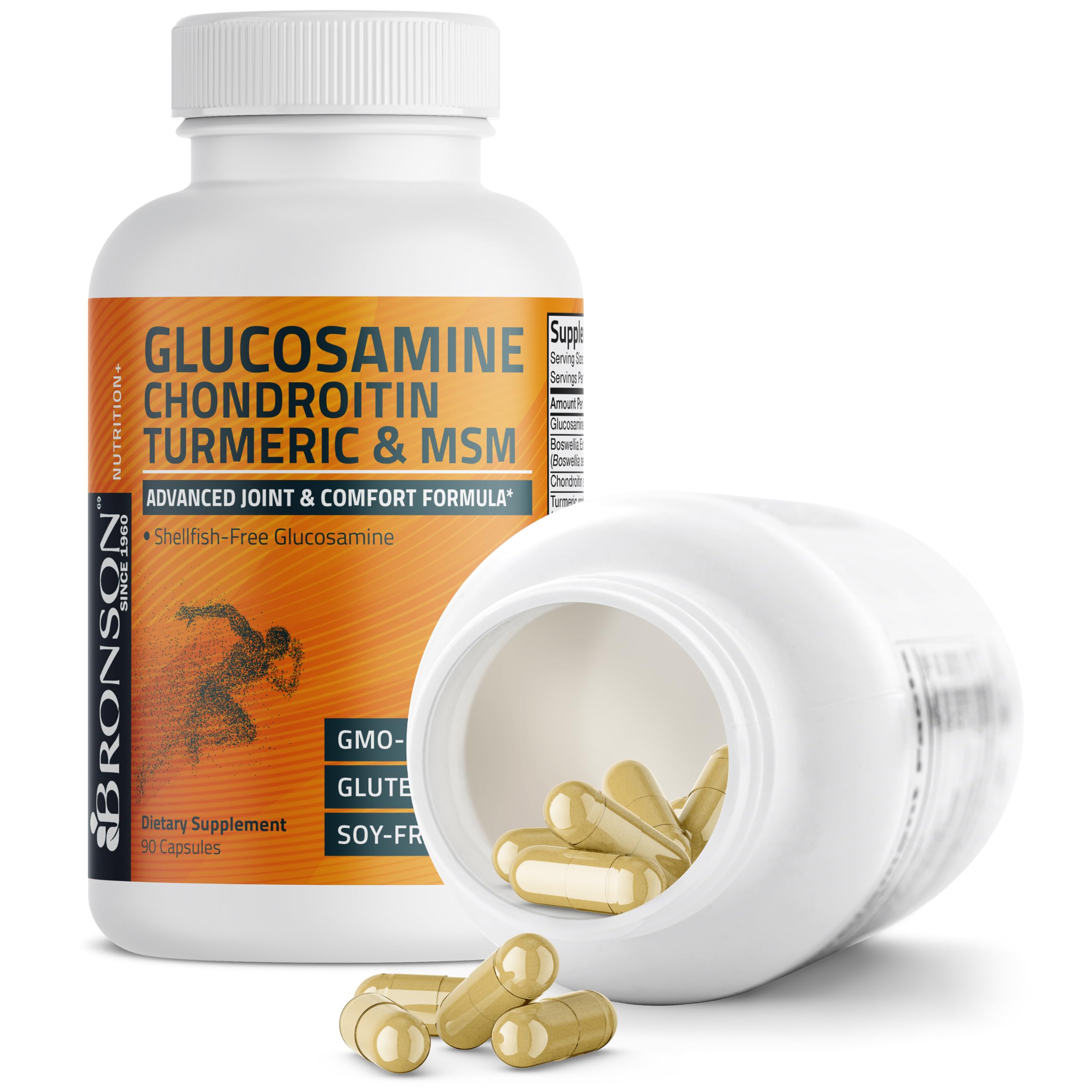Bronson Glucosamine Chondroitin Turmeric MSM Advanced bottle on shelf, trusted brand since 1960