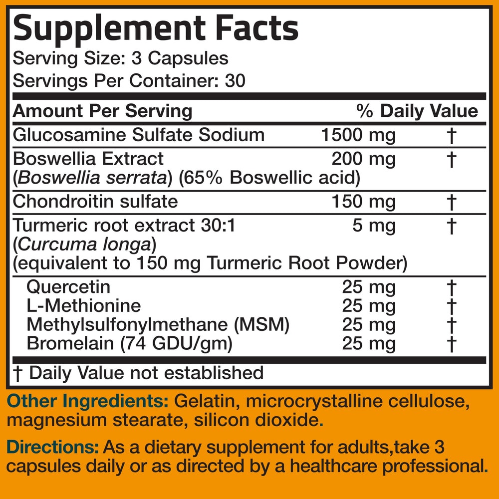 Bronson Glucosamine Chondroitin Turmeric MSM Advanced capsules closeup, vibrant turmeric-colored texture