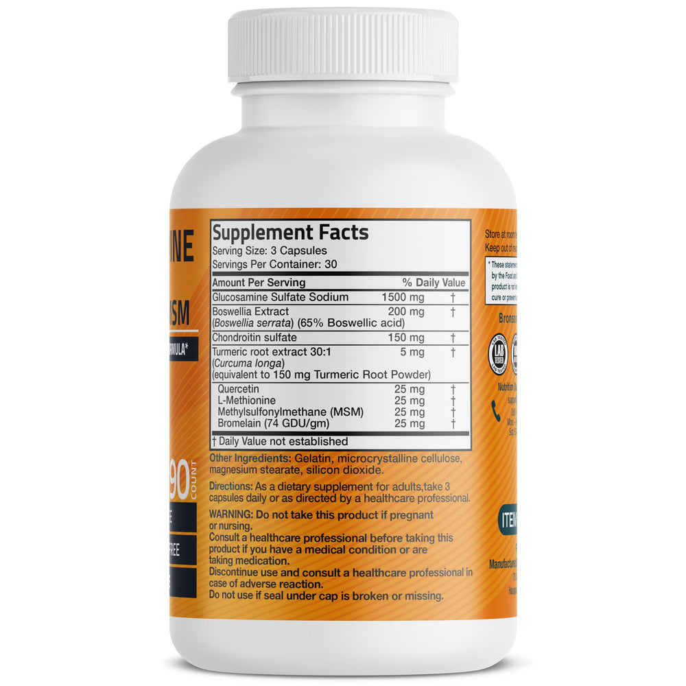 Bronson Glucosamine Chondroitin Turmeric MSM Advanced label closeup, highlights non-GMO, gluten-free formulation