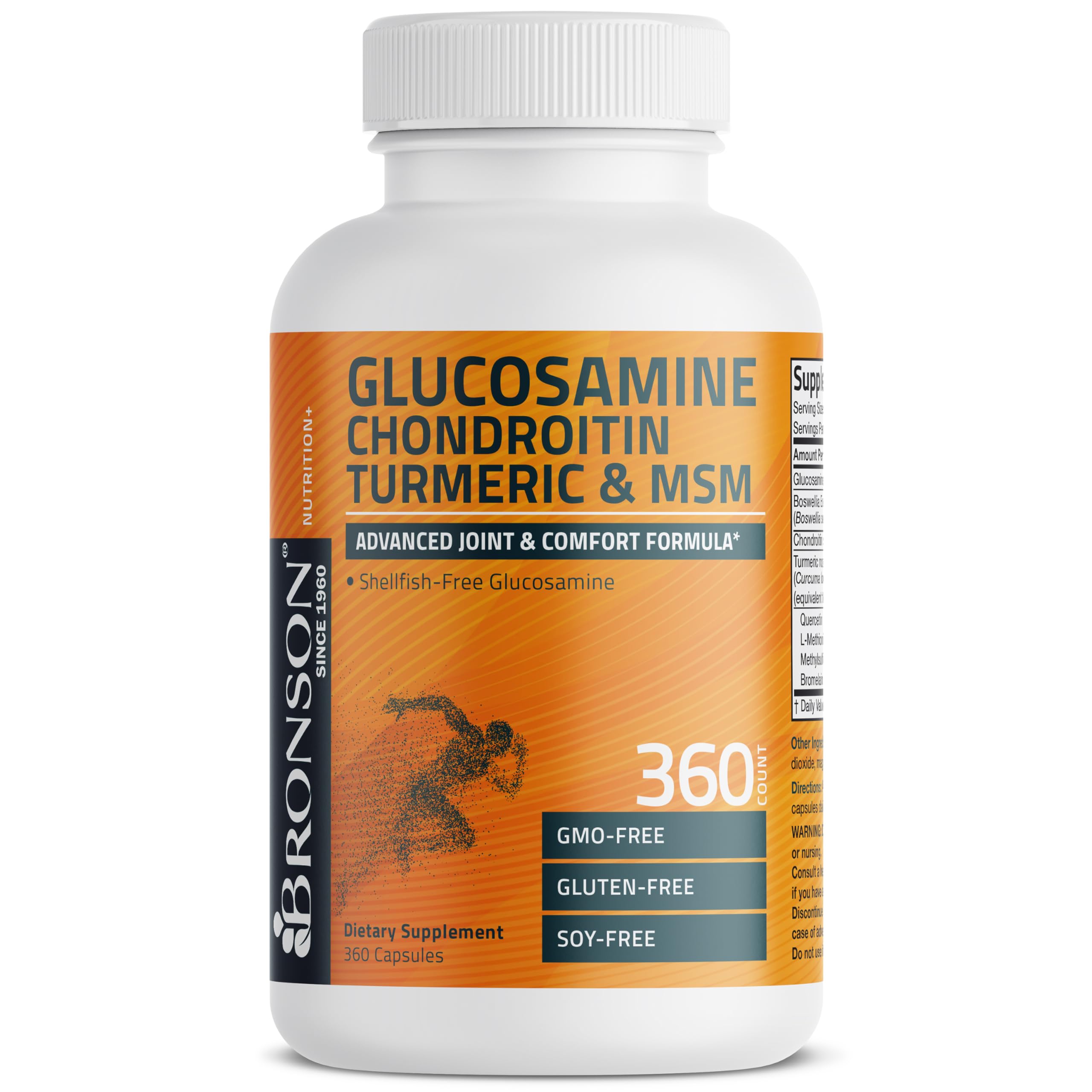 Bronson glucosamine chondroitin turmeric msm bottle open with capsules.