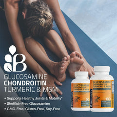 Bronson glucosamine chondroitin turmeric msm bottle top view emphasizing quality.