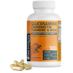 Bronson glucosamine-chondroitin-turmeric-msm bottle showing joint support for daily activities.