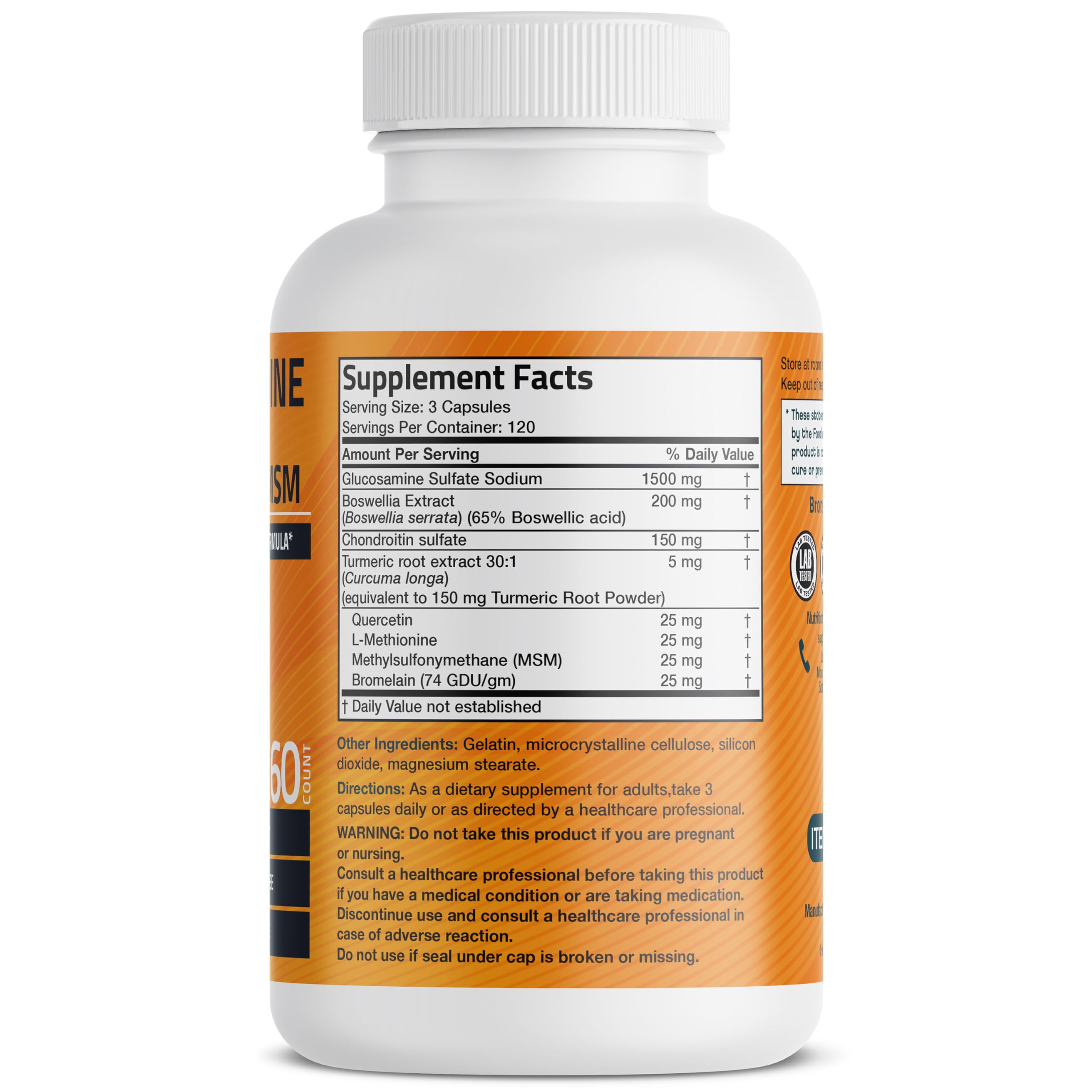 Bronson glucosamine chondroitin turmeric msm capsules close-up for mobility.