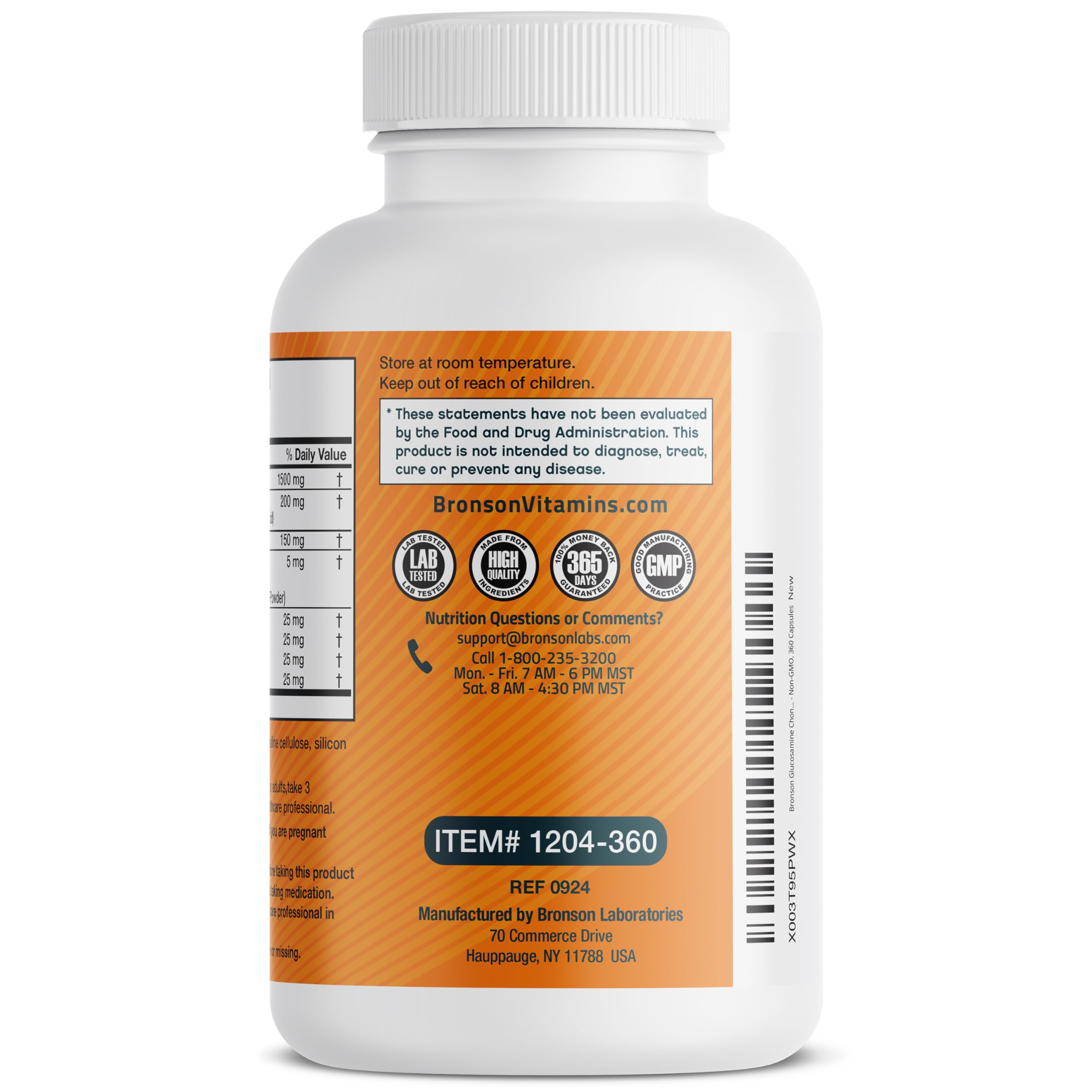 Bronson glucosamine chondroitin turmeric msm jar on shelf.