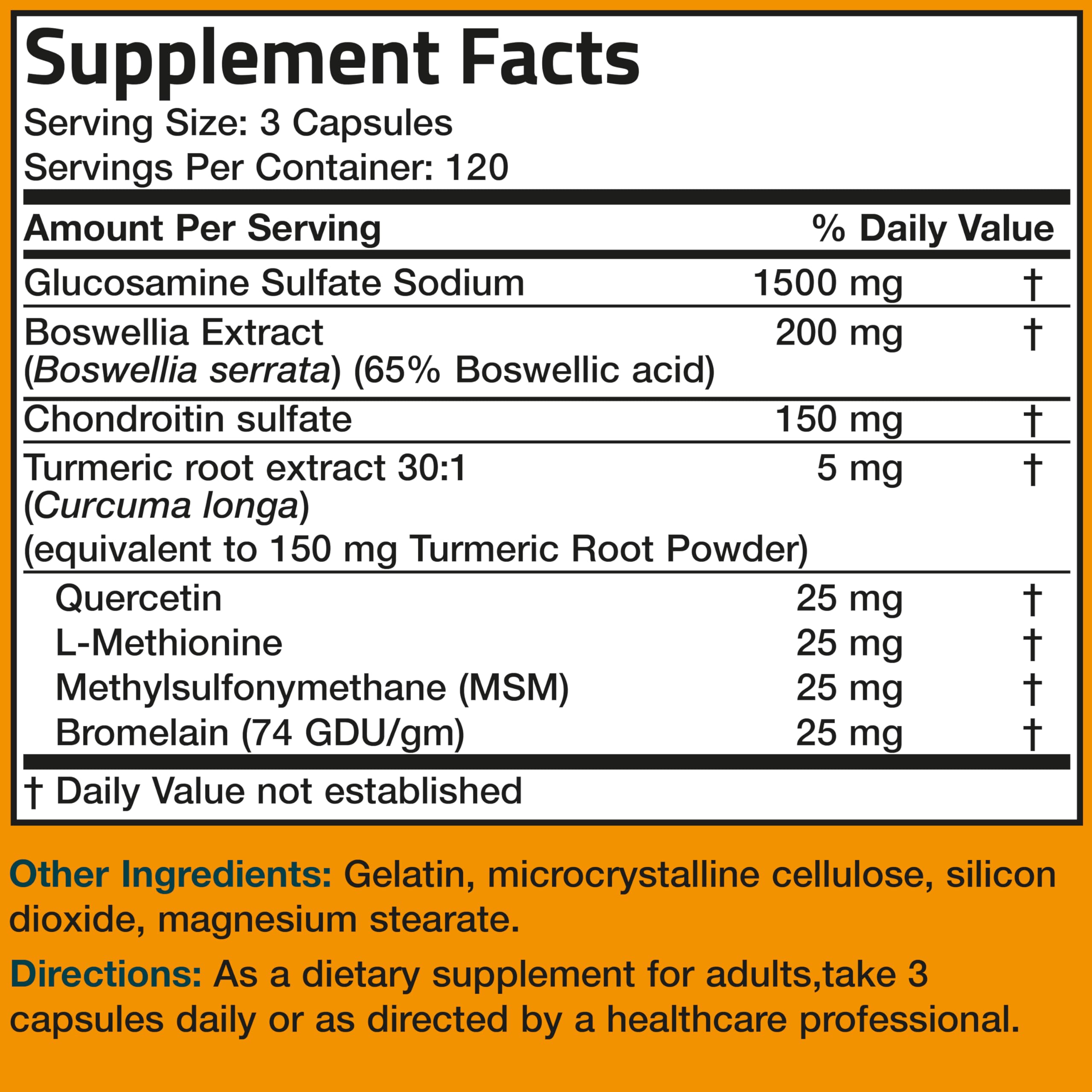 Bronson glucosamine chondroitin turmeric msm nutrition facts panel close-up.