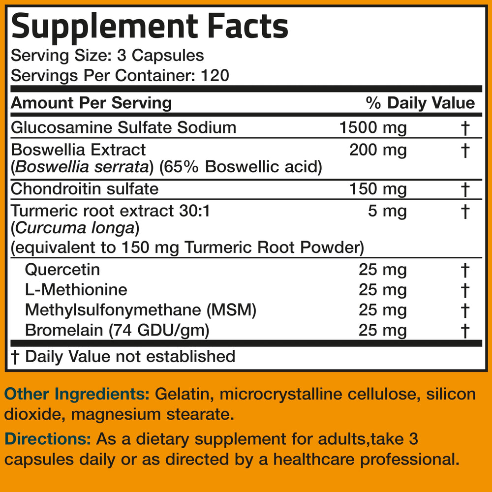 Bronson glucosamine chondroitin turmeric msm nutrition facts panel close-up.