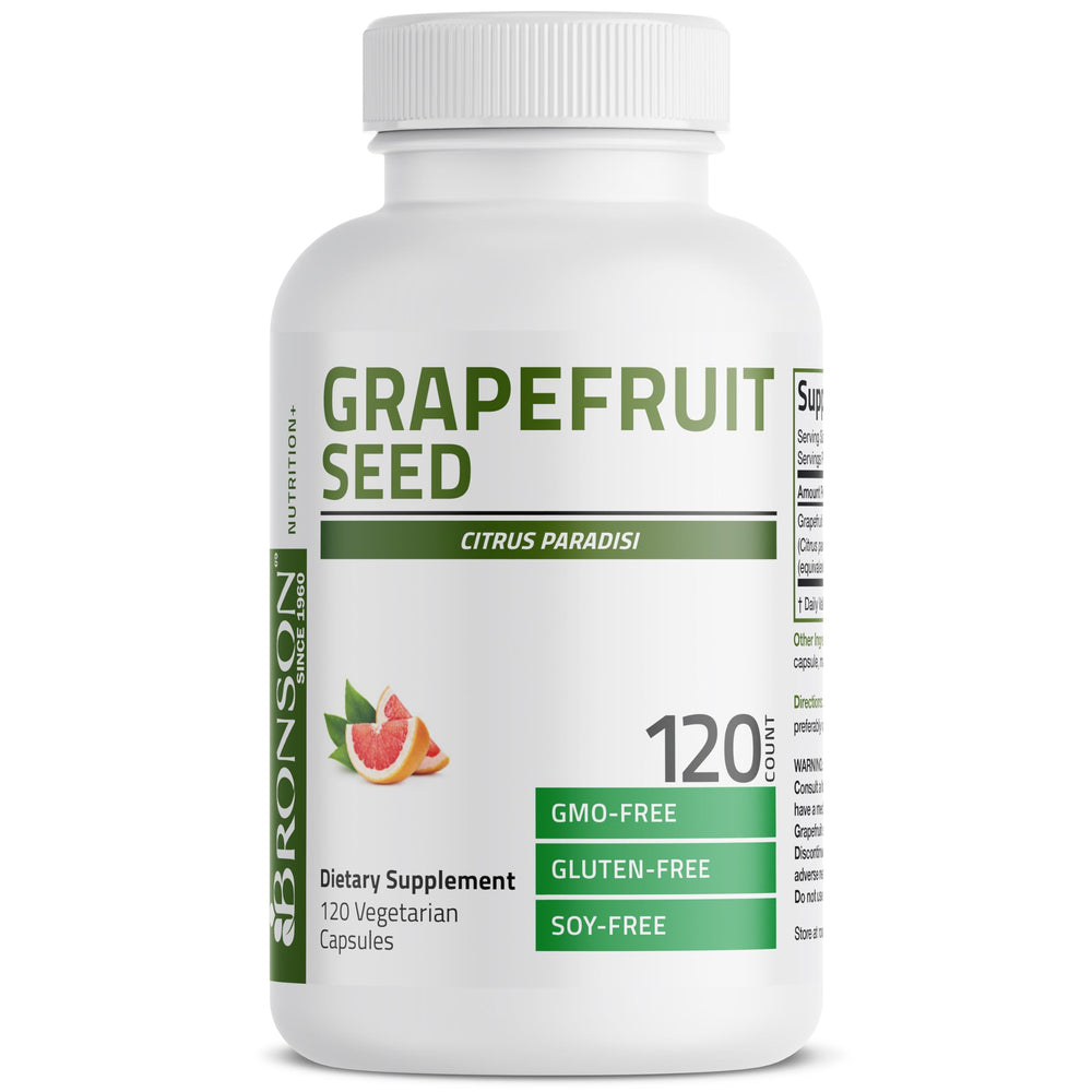 Bronson Grapefruit Seed Extract closeup highlights citrus origin.