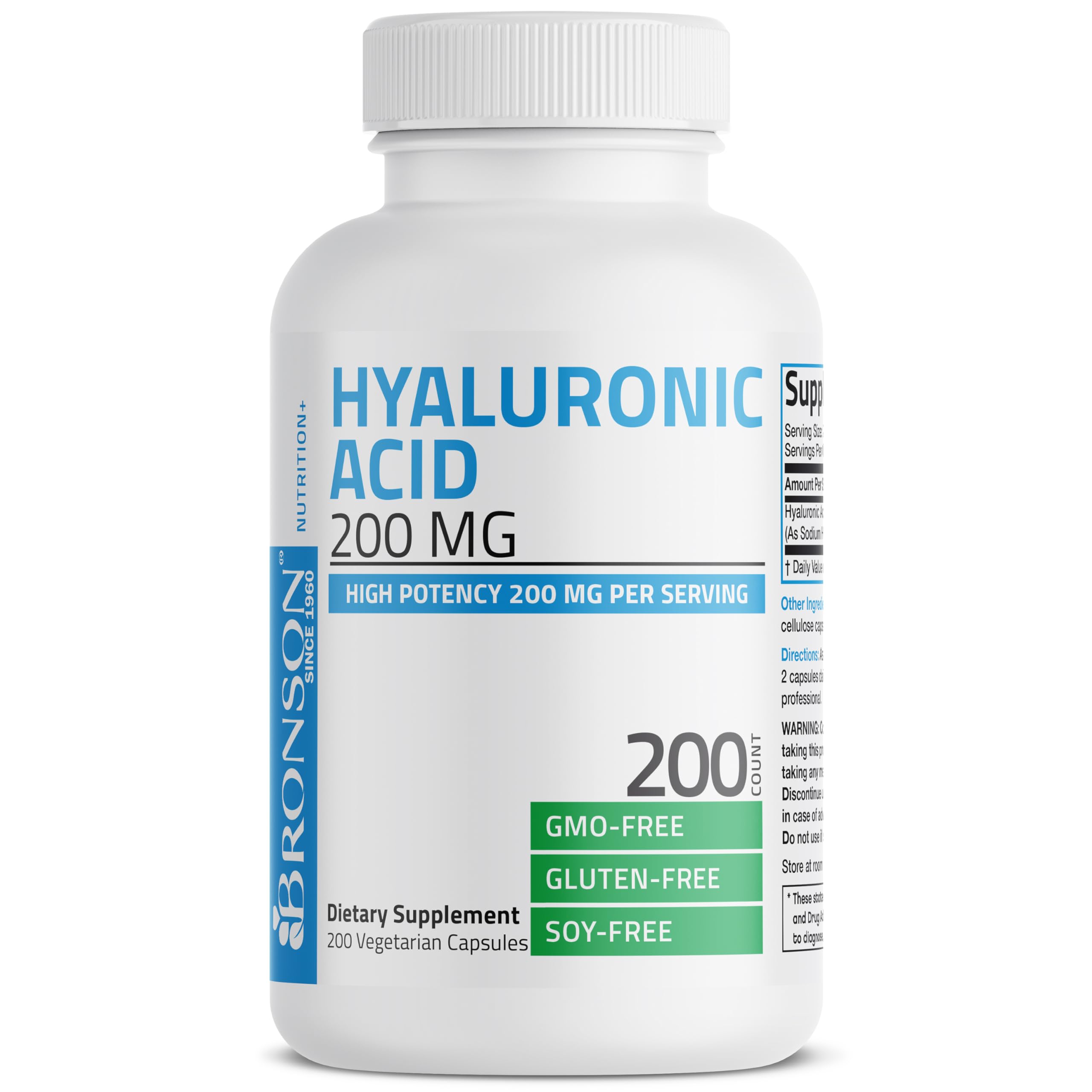 Bronson Hyaluronic Acid non-GMO gluten-free label underscores clean supplement options