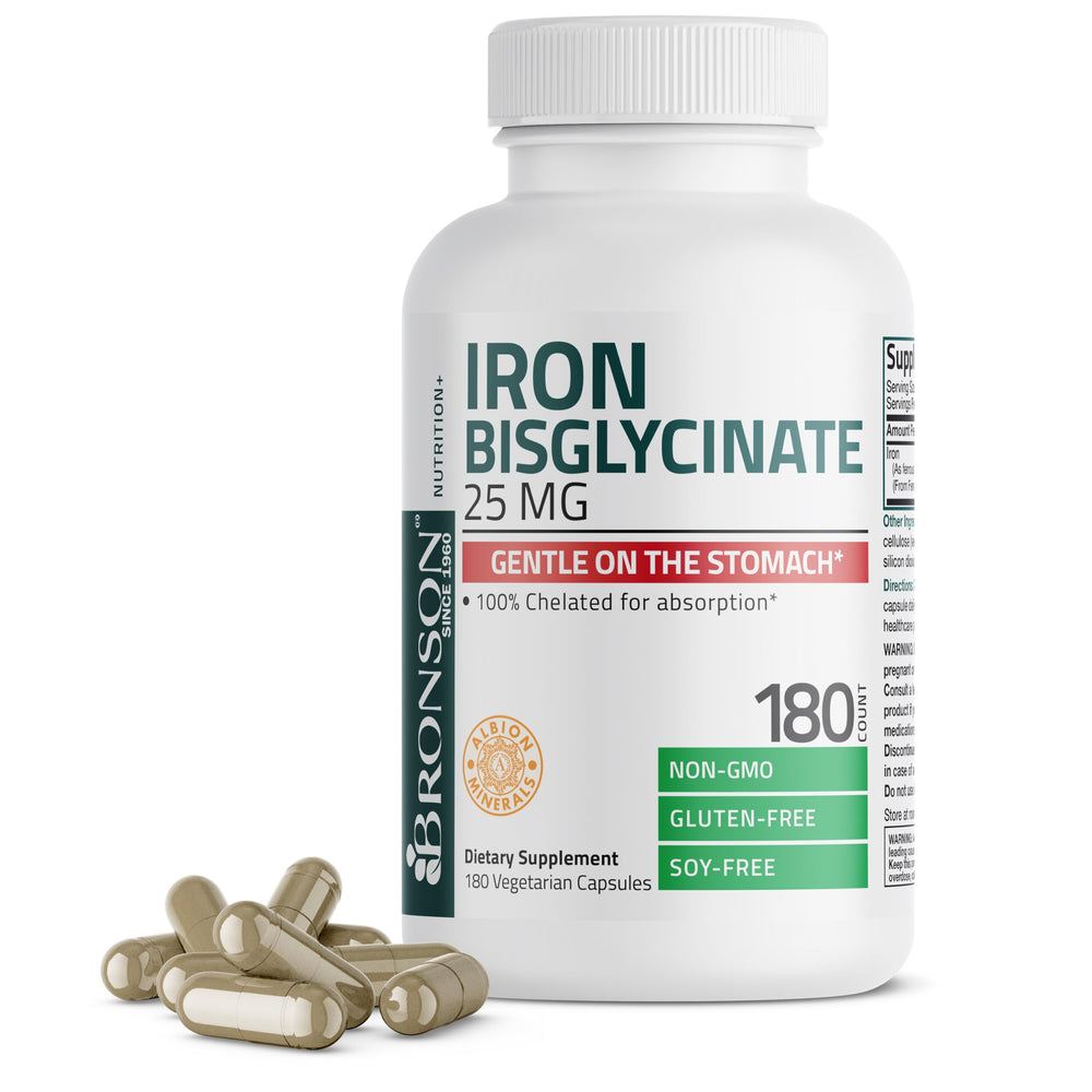 Bronson Iron Bisglycinate 25 mg bottle close-up, easy-to-swallow capsules for daily energy.