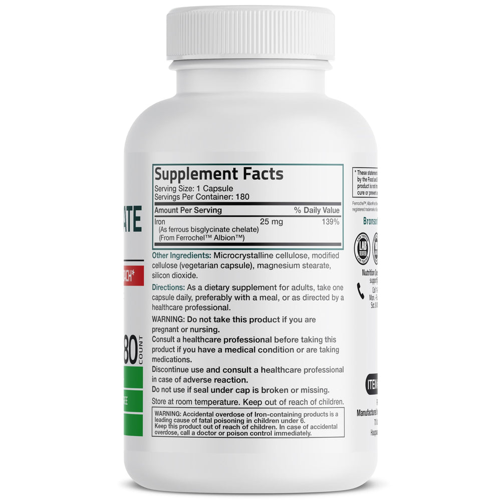 Bronson Iron Bisglycinate 25 mg capsule image, highly absorbable iron support.
