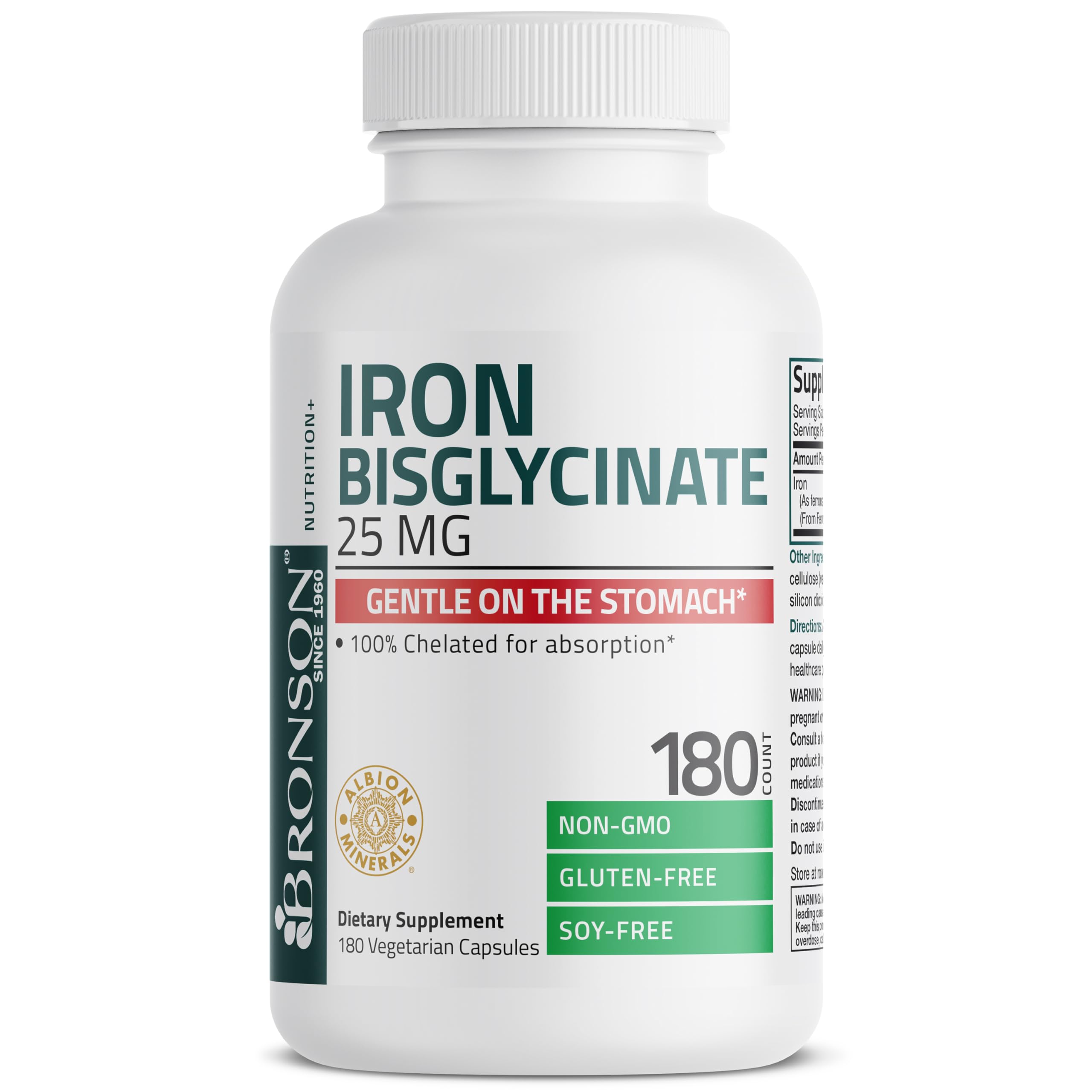 Bronson Iron Bisglycinate 25 mg capsules in hand, portable daily supplement.