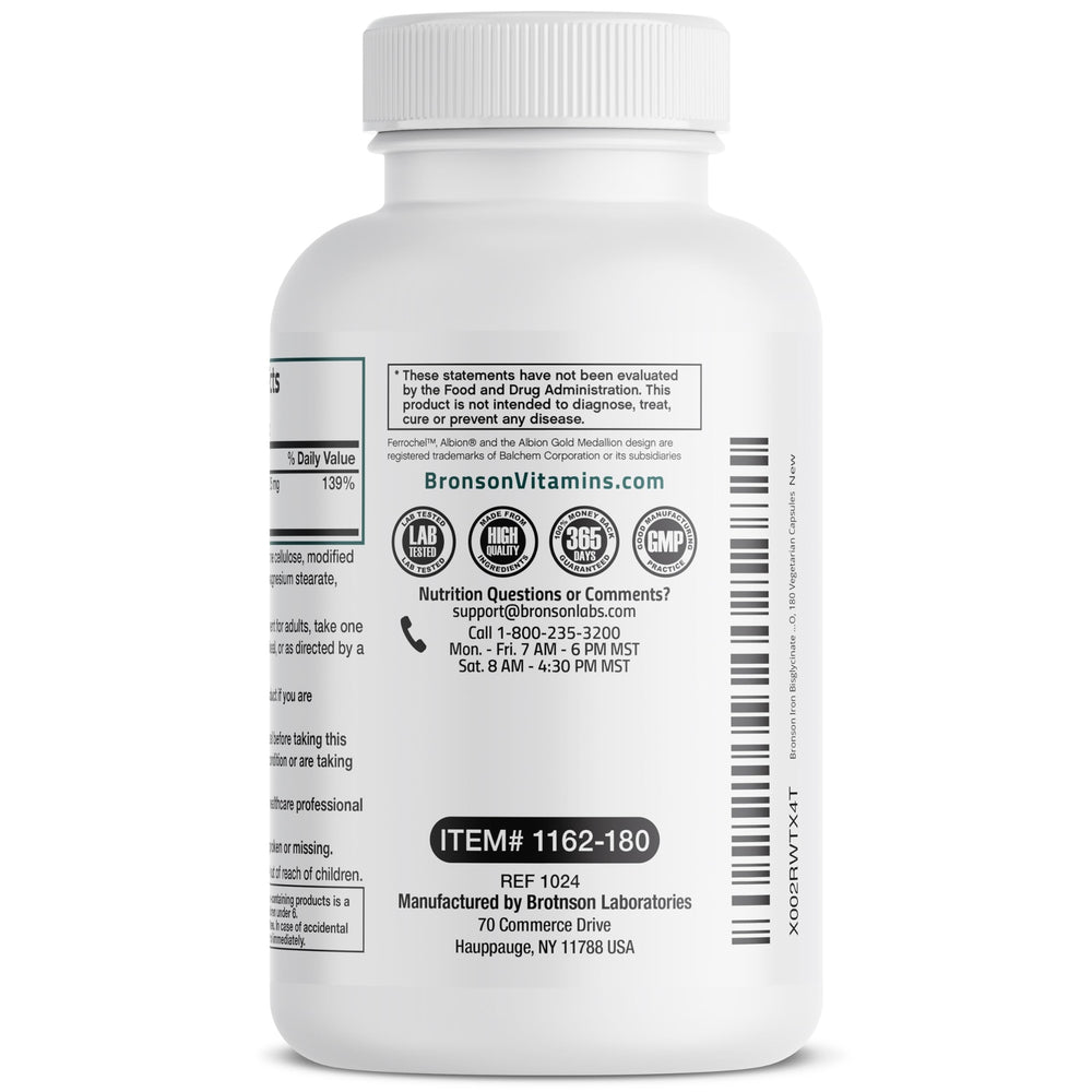 Bronson Iron Bisglycinate bottle with glass of water, daily routine.
