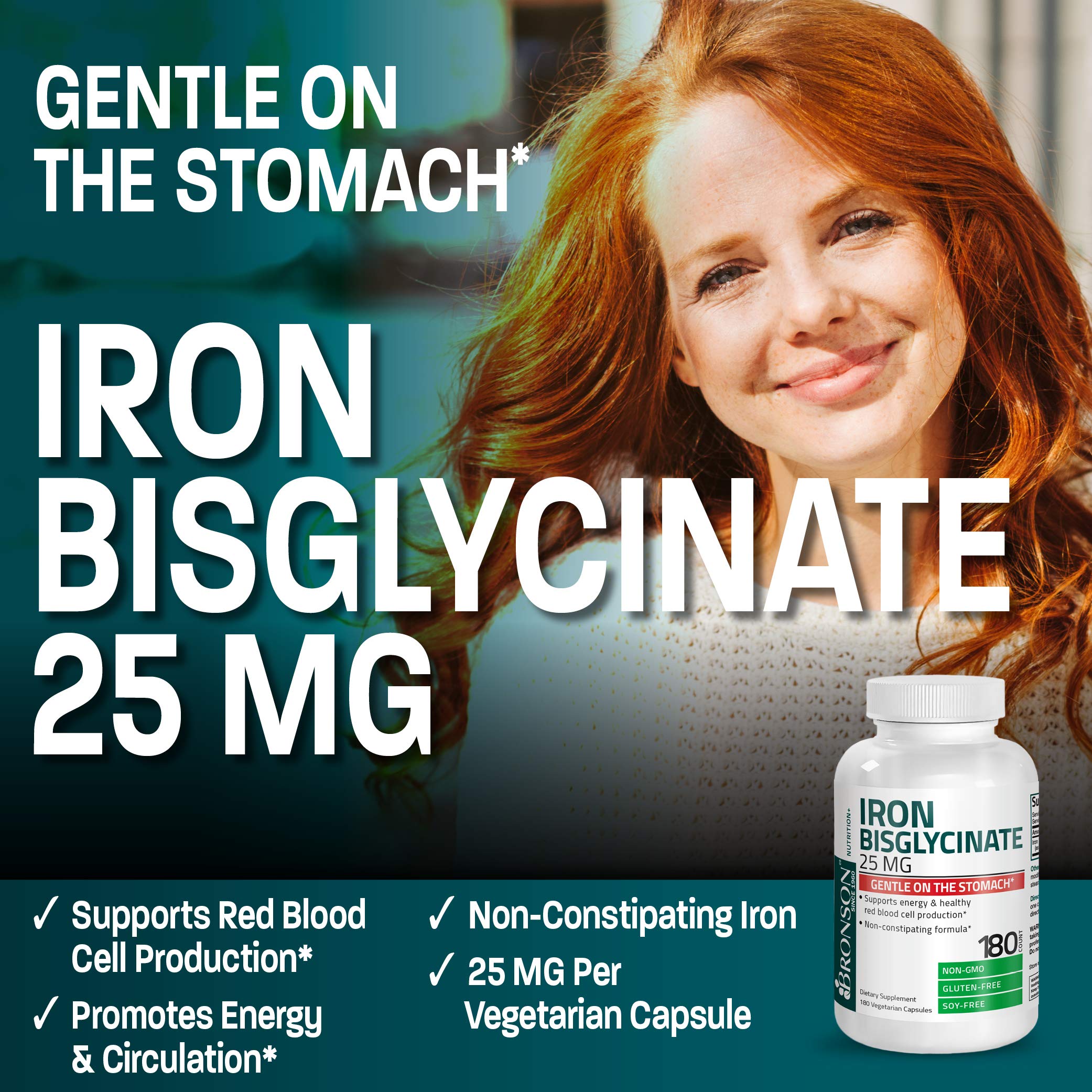 Bronson Iron Bisglycinate label detail, non-GMO and gluten-free promise.