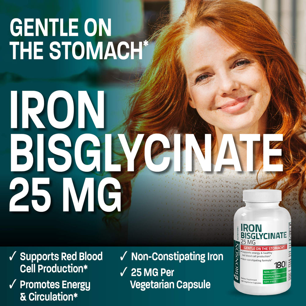 Bronson Iron Bisglycinate label detail, non-GMO and gluten-free promise.
