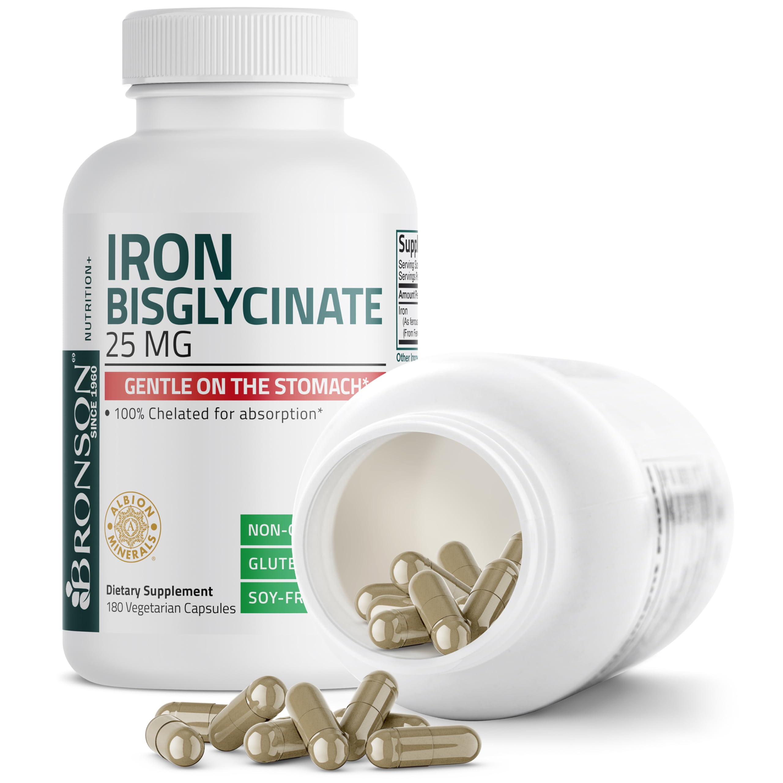 Bronson Iron Bisglycinate nutrition panel highlights serving per capsule.