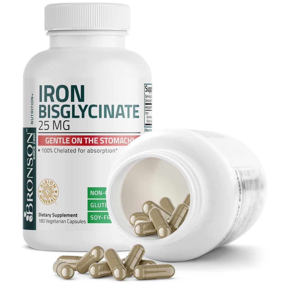Bronson Iron Bisglycinate nutrition panel highlights serving per capsule.