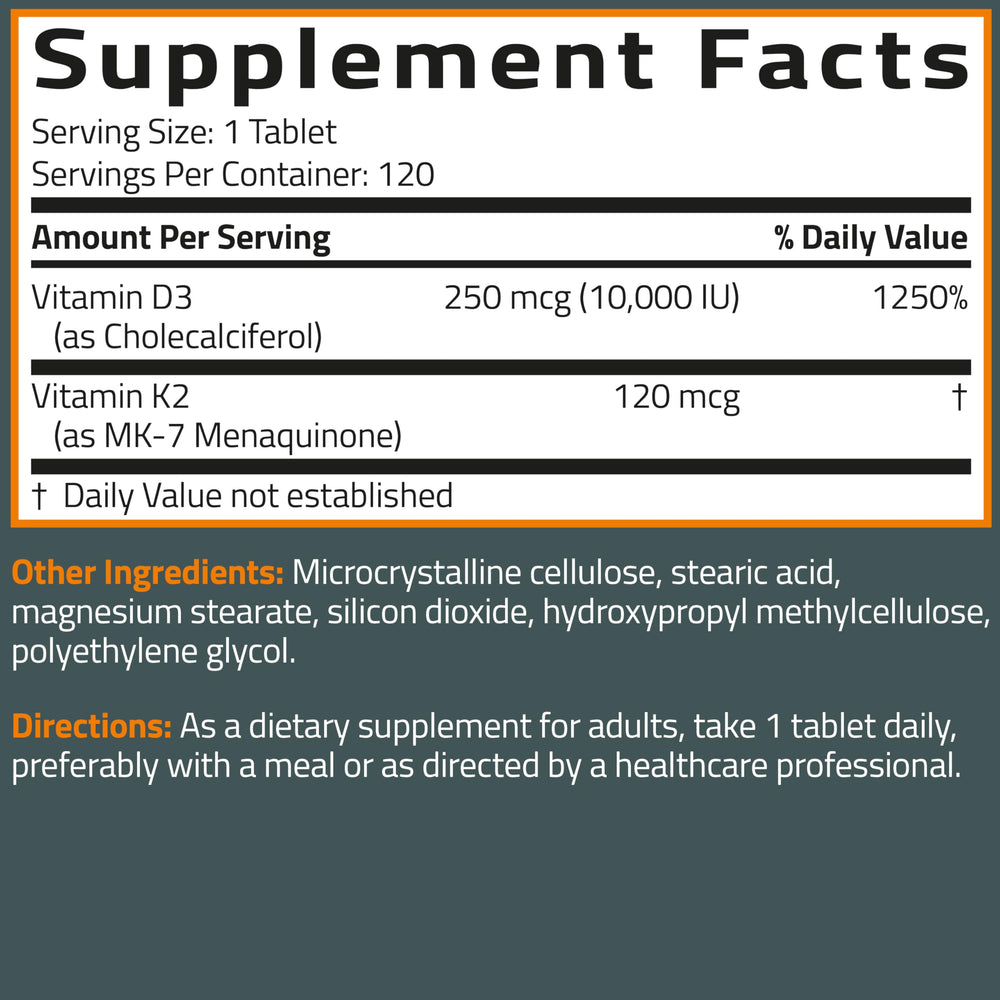 Back label on Bronson K2 D3 bottle shows 120 tablets