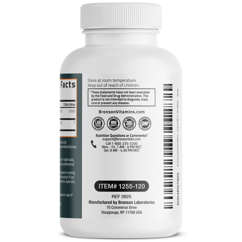 Gluten-free and GMO-free Bronson K2 D3 packaging information