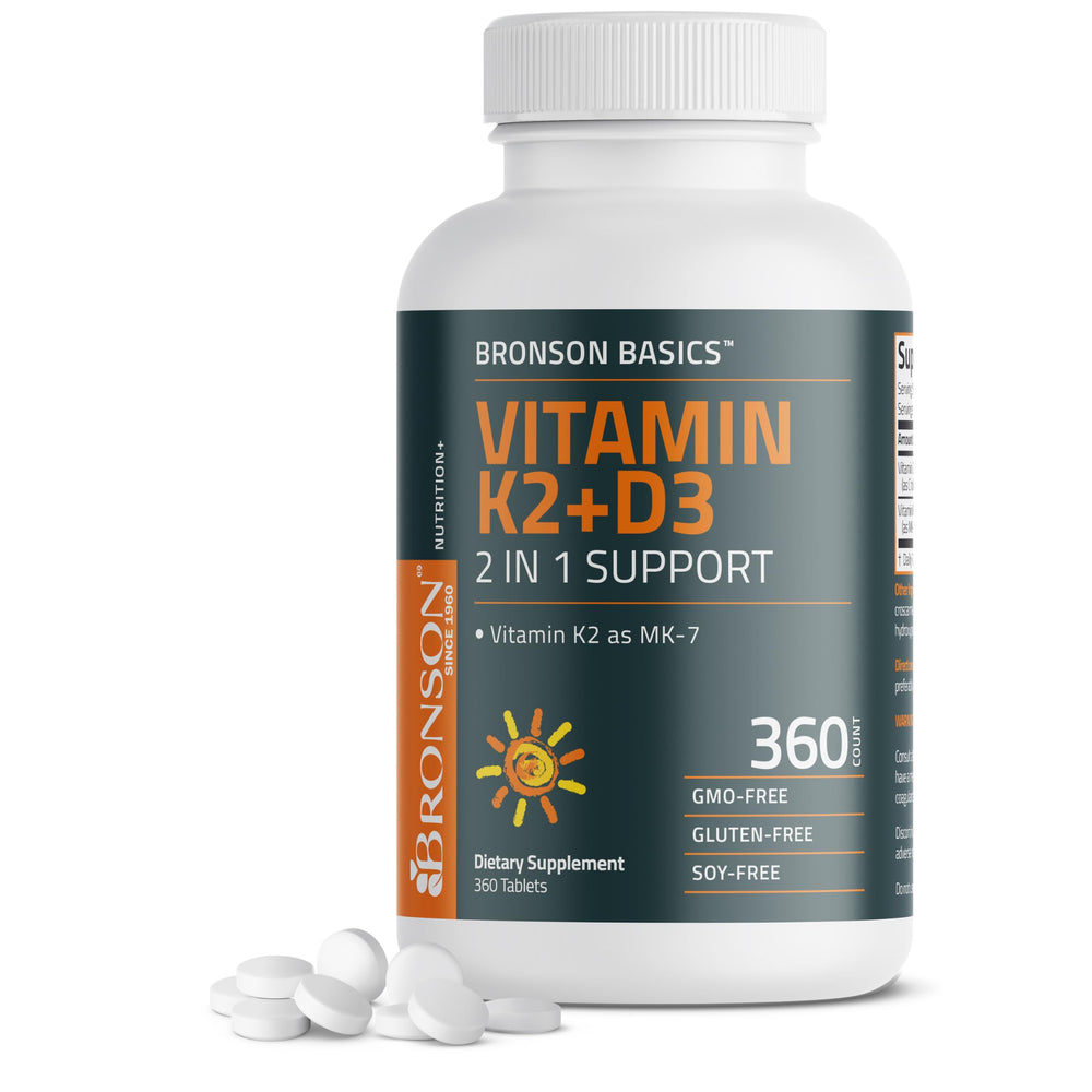 Bronson Vitamin K2 D3 MK-7 bottle and capsules for daily bone and immune support