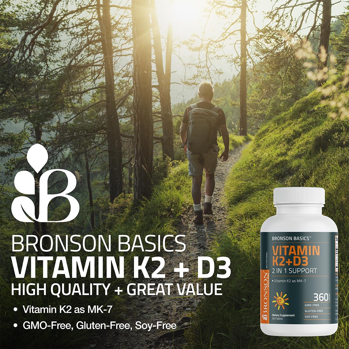 Bronson Vitamin K2 D3 MK-7 label shows non-GMO, gluten-free, soy-free quality