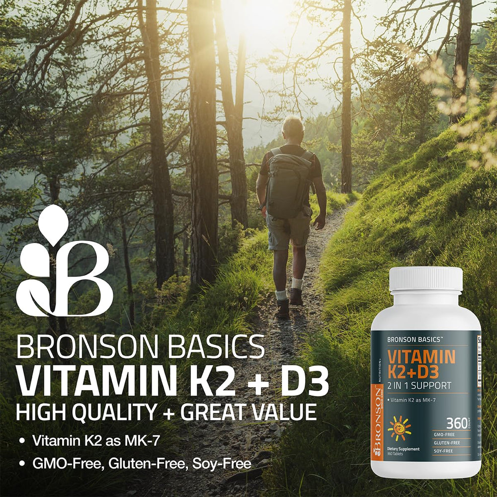 Bronson Vitamin K2 D3 MK-7 label shows non-GMO, gluten-free, soy-free quality