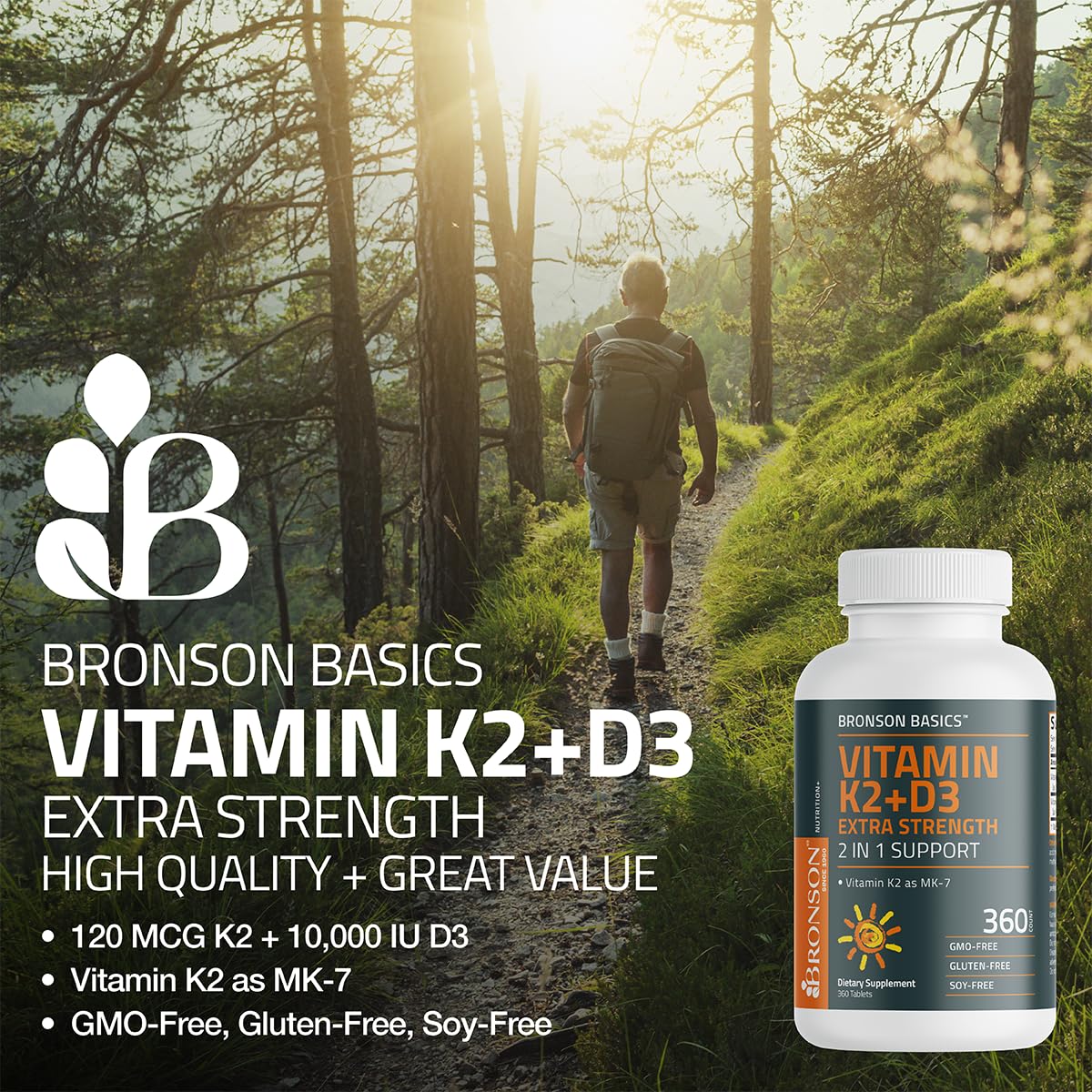Bronson K2 D3 packaging front highlighting 120-tablet count