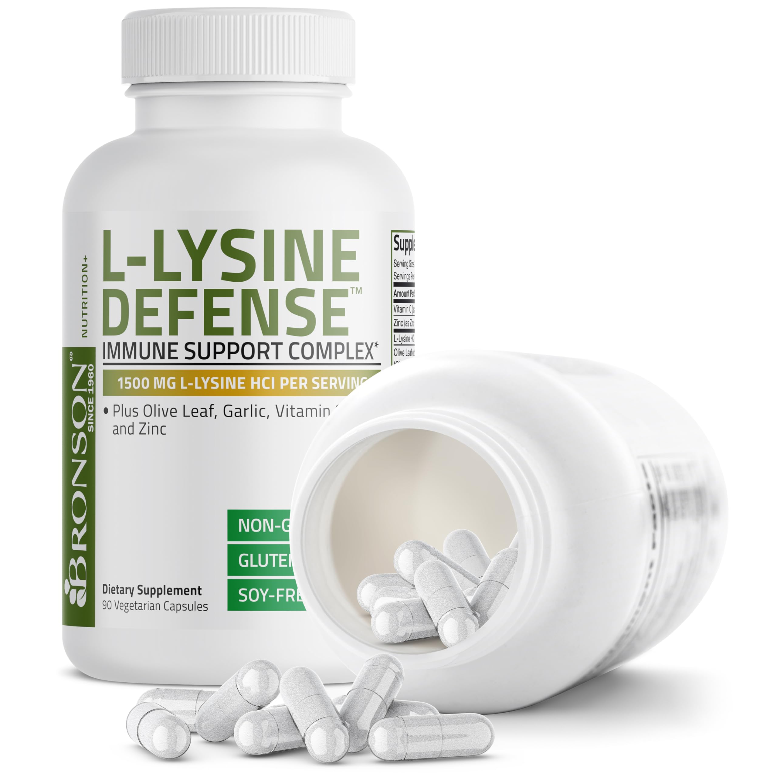 Bronson L-Lysine Defense bottle on a desk suggests easy daily use.