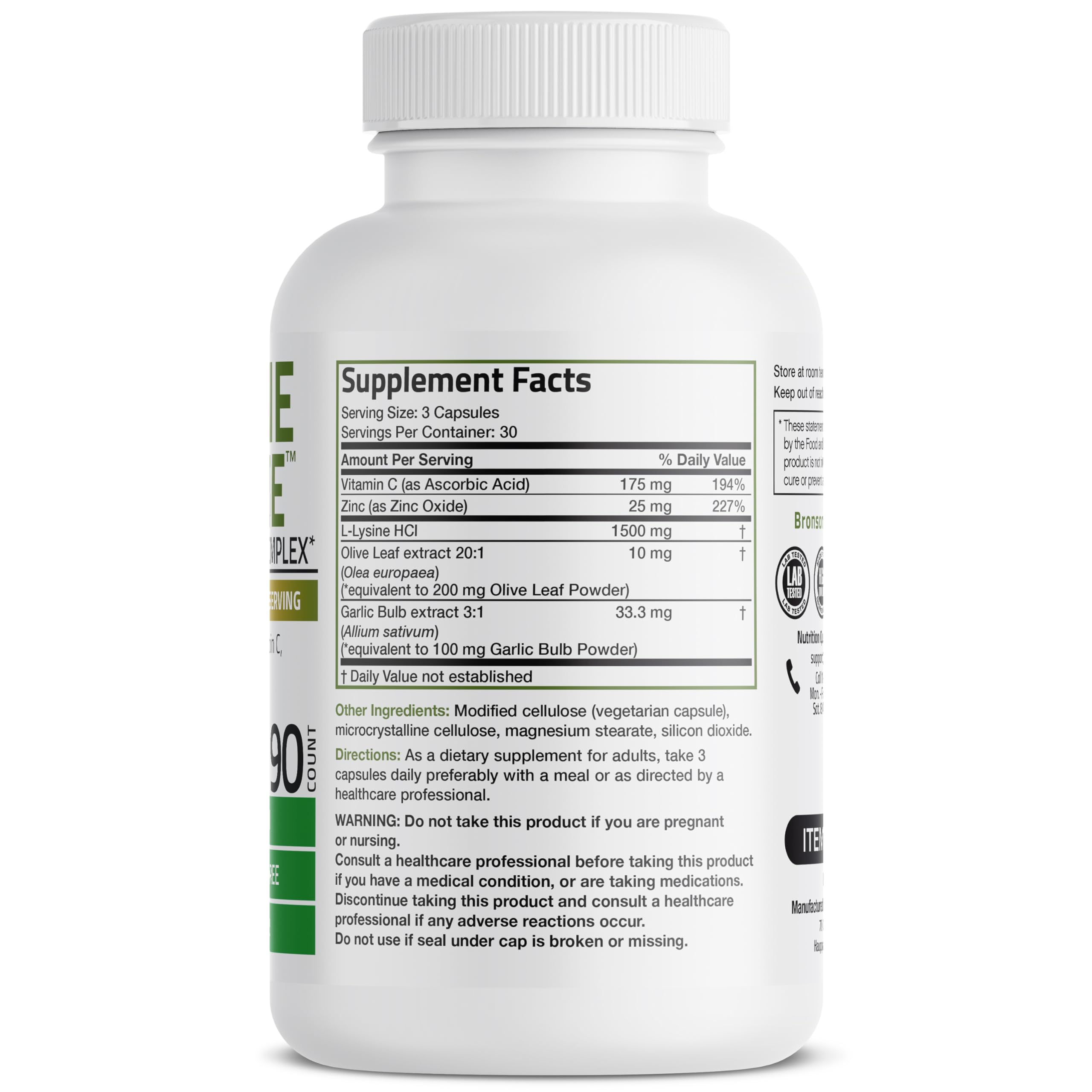 Bronson L-Lysine Defense ingredients panel highlights olive leaf and garlic.