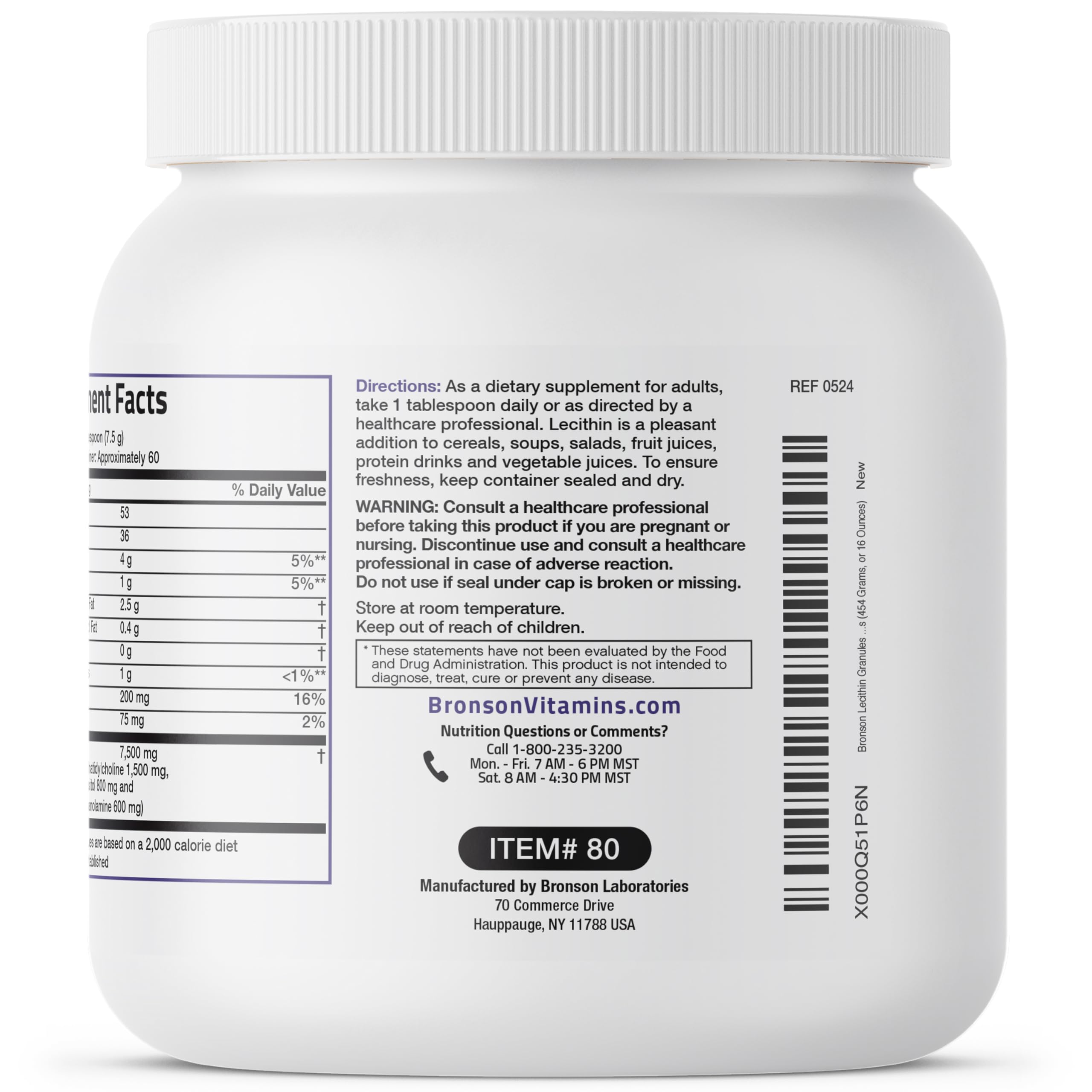 Bronson Lecithin Granules bottle label close-up with dosage information.