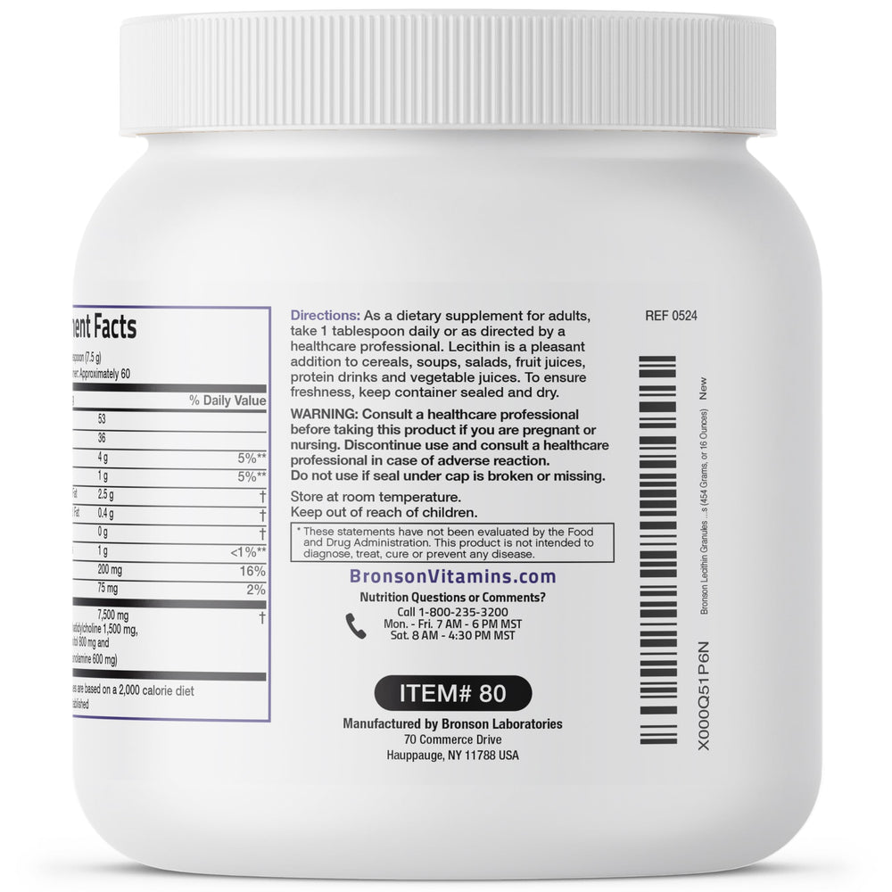 Bronson Lecithin Granules bottle label close-up with dosage information.