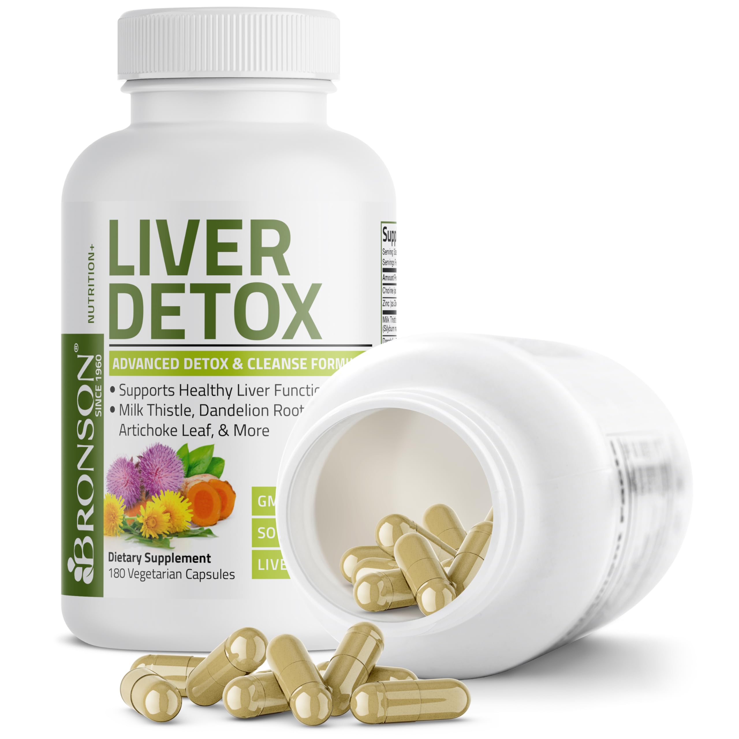 Bronson Liver Detox bottle with glass of water and wellness setup.
