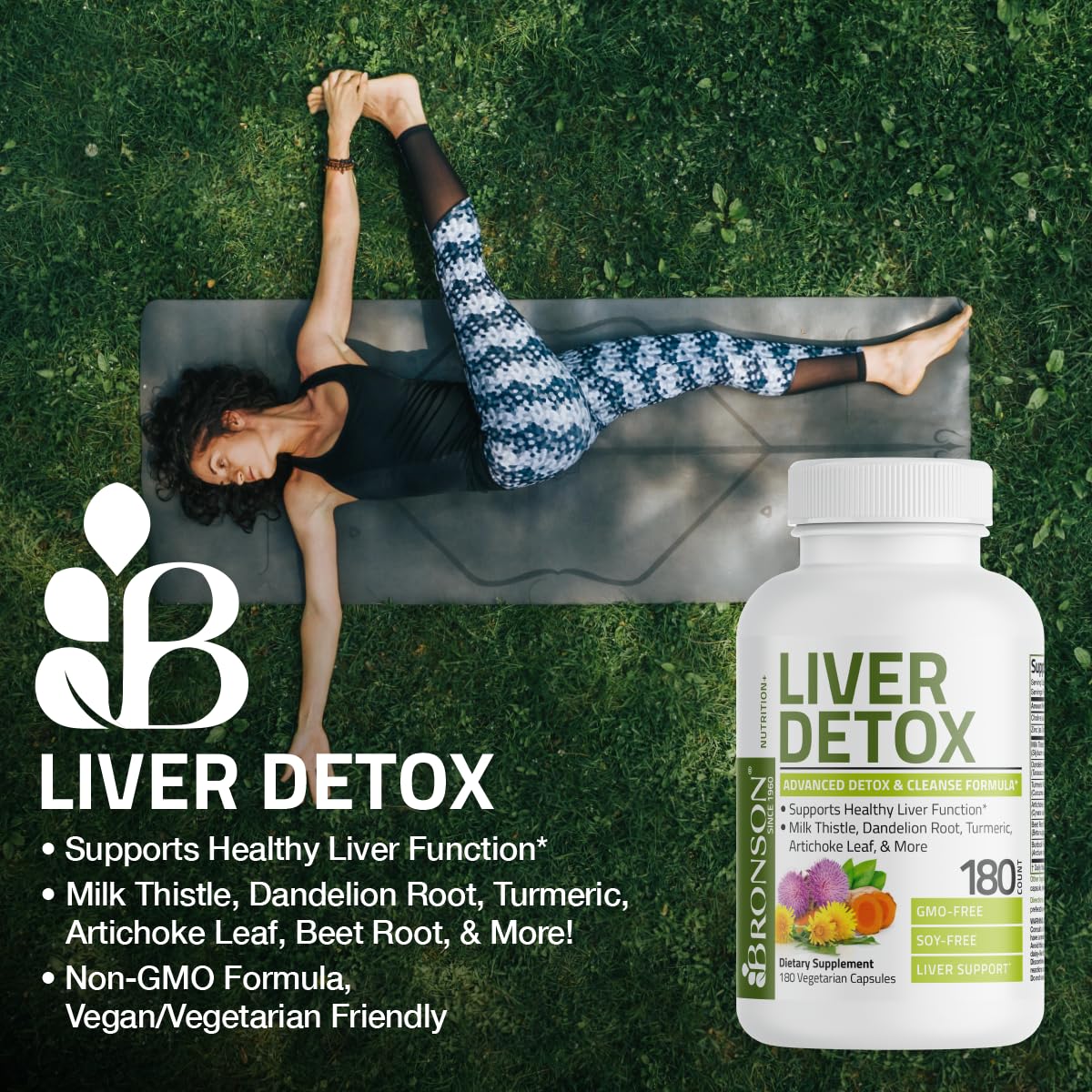 Bronson Liver Detox capsules falling from bottle suggesting easy daily use.