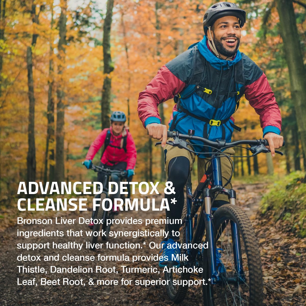 Bronson Liver Detox capsules arranged with turmeric and artichoke leaf imagery.