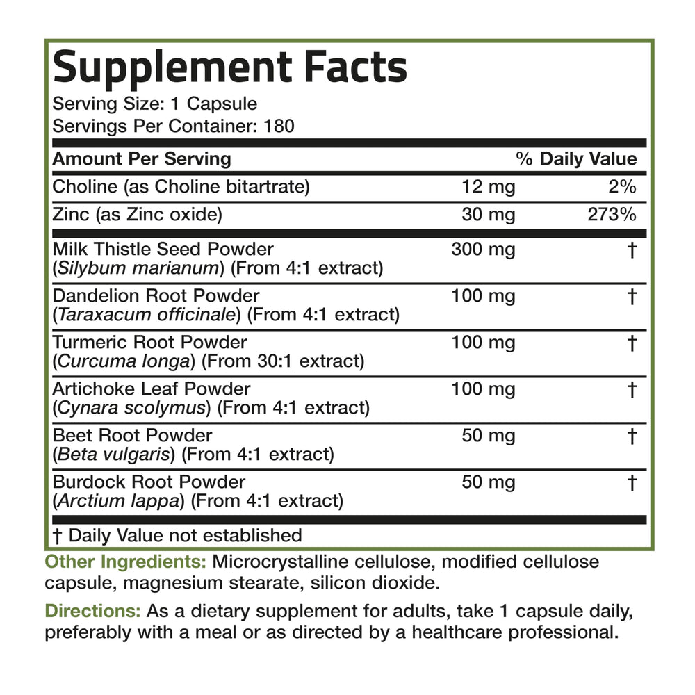 Bronson Liver Detox label detail showing non-GMO and vegan icons.