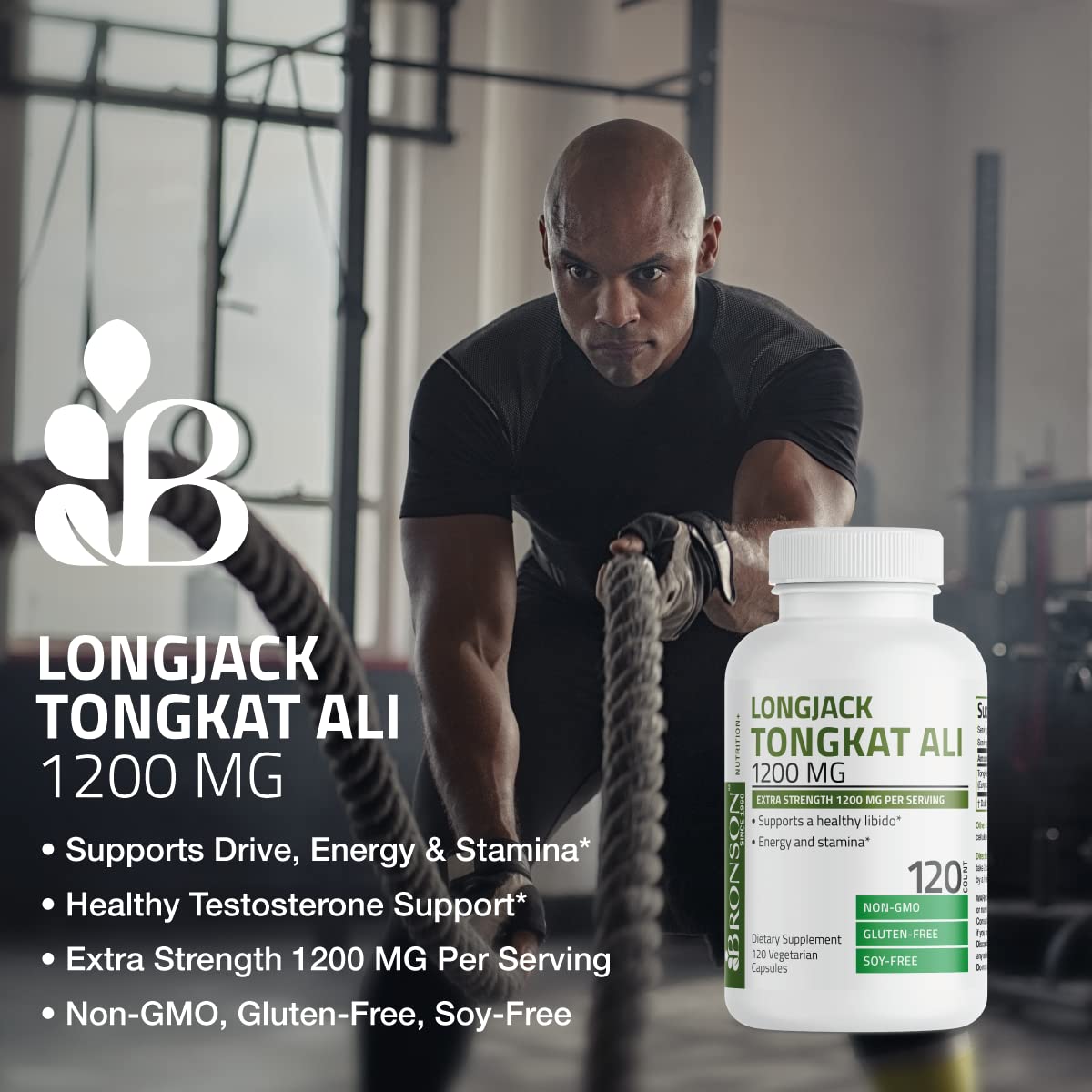 Bronson Longjack Tongkat Ali capsules closeup emphasizing vegetarian intake.
