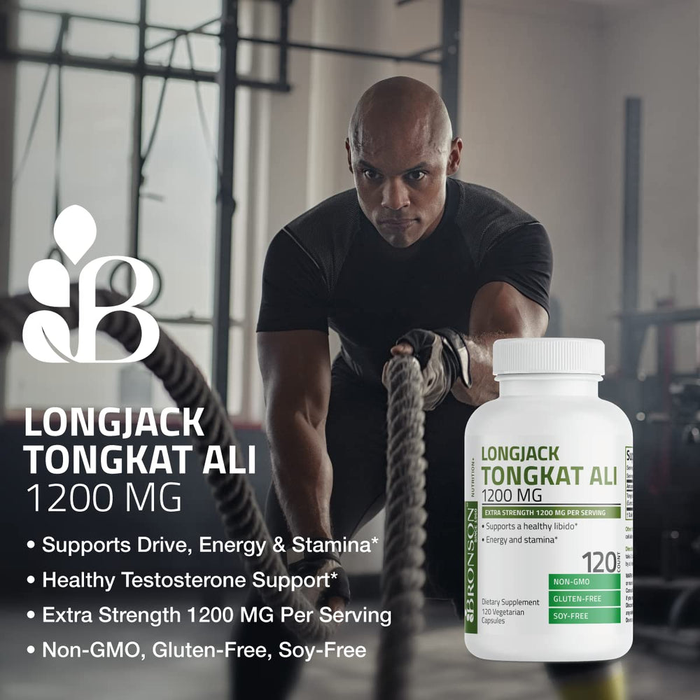 Bronson Longjack Tongkat Ali capsules closeup emphasizing vegetarian intake.