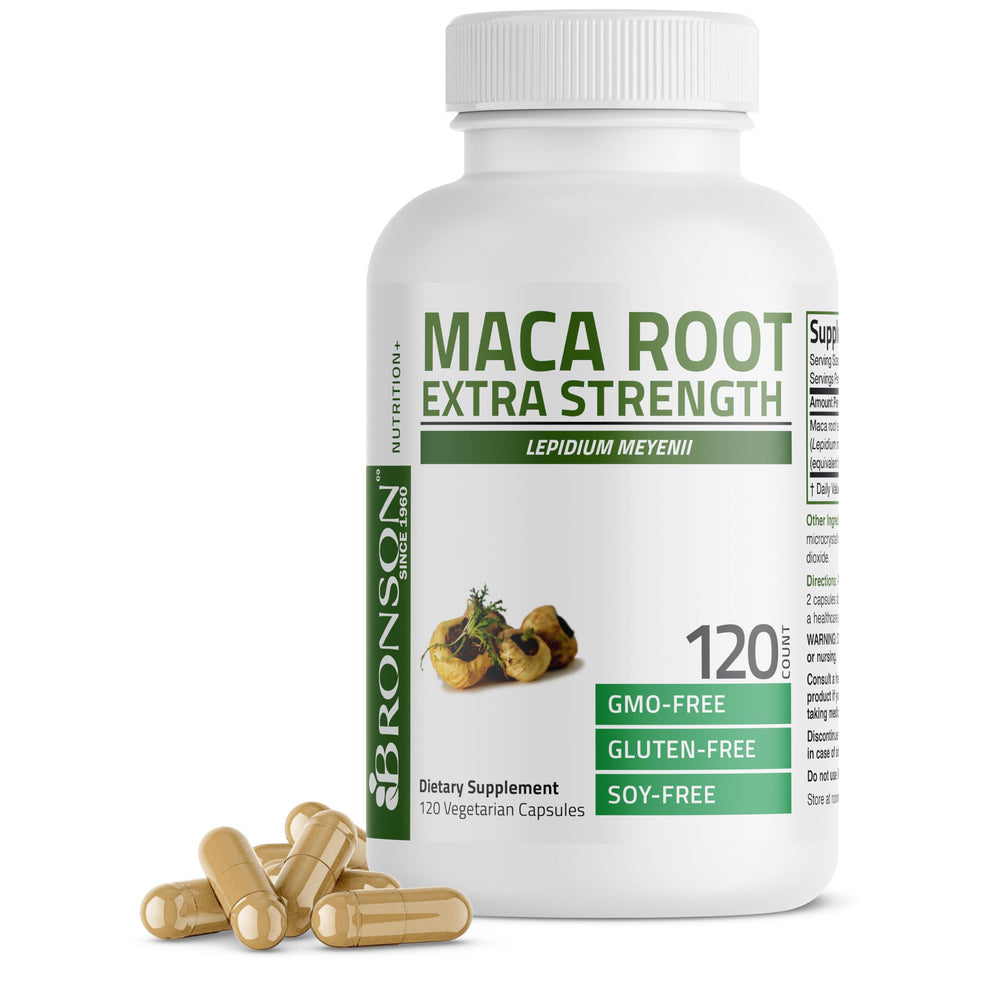 Bronson Maca Root Extra bottle label view highlighting quality and natural energy support.