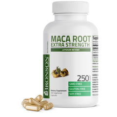 Bronson Maca Root Extra Lepidium Meyenii bottle cap showing non-GMO formula for energy support
