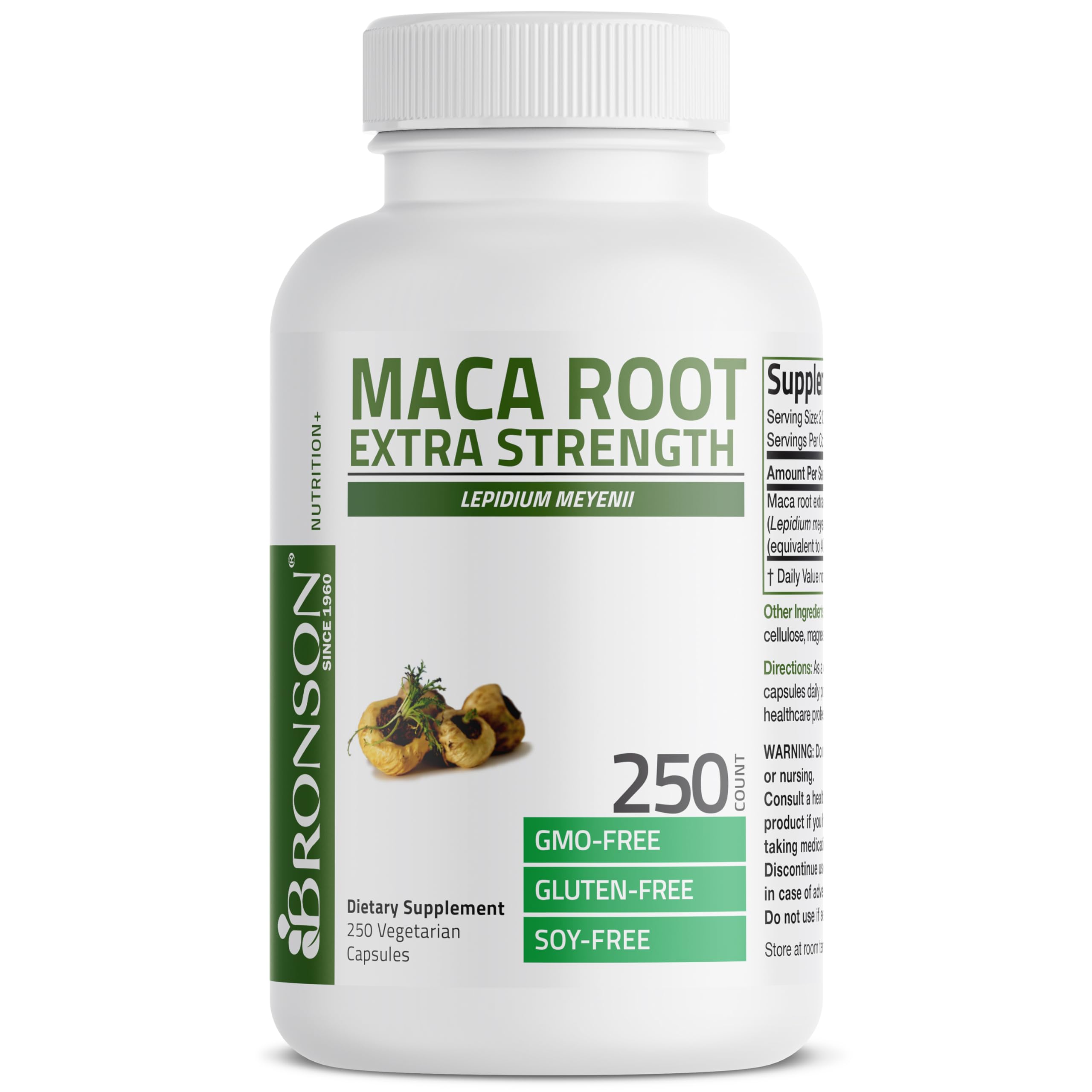 Bronson Maca Root Extra Lepidium Meyenii supplement table with dosage info