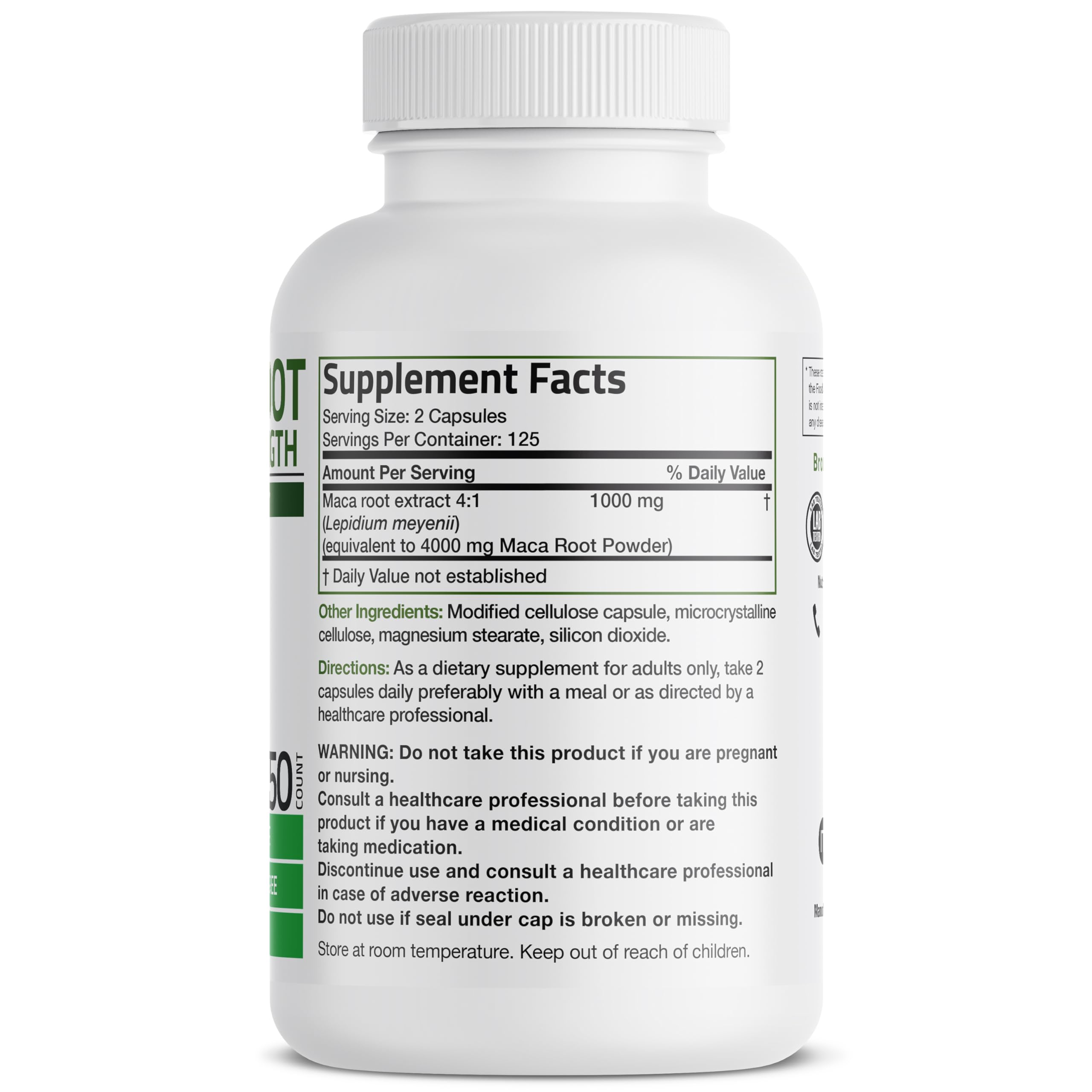 Bronson Maca Root Extra Lepidium Meyenii label highlighting gluten-free and soy-free ingredients for health