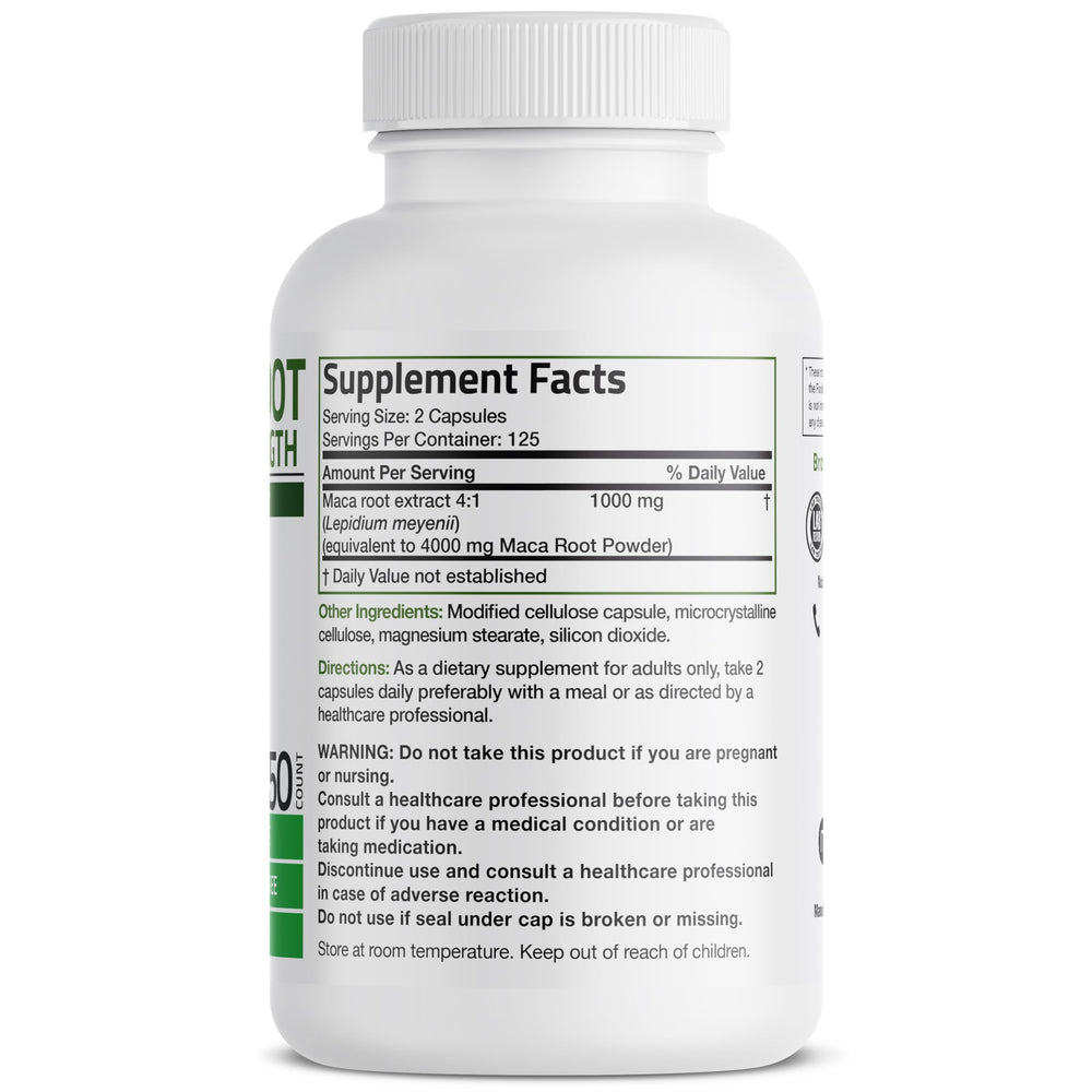 Bronson Maca Root Extra Lepidium Meyenii label highlighting gluten-free and soy-free ingredients for health