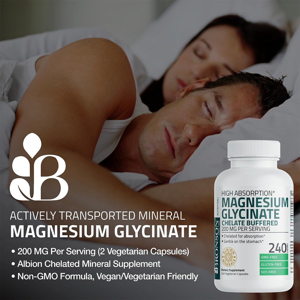 Bronson Magnesium Glycinate label showing non-GMO and purity claims.