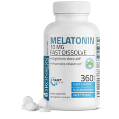 Bronson Melatonin 10 mg fast-dissolve peppermint tablets in a bottle for easy bedtime use.