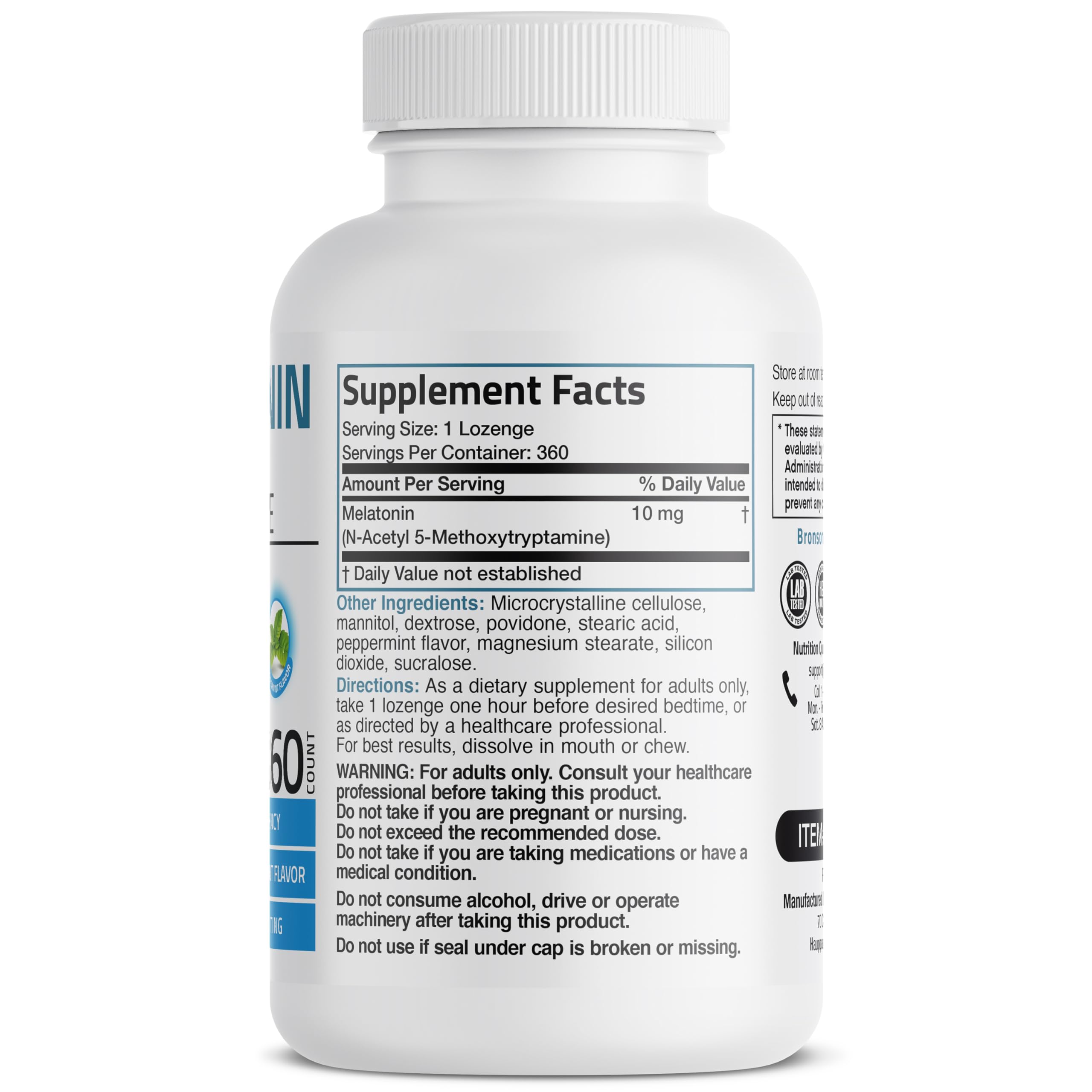 Close-up of Bronson Melatonin tablets dissolving quickly with peppermint flavor for relaxation.