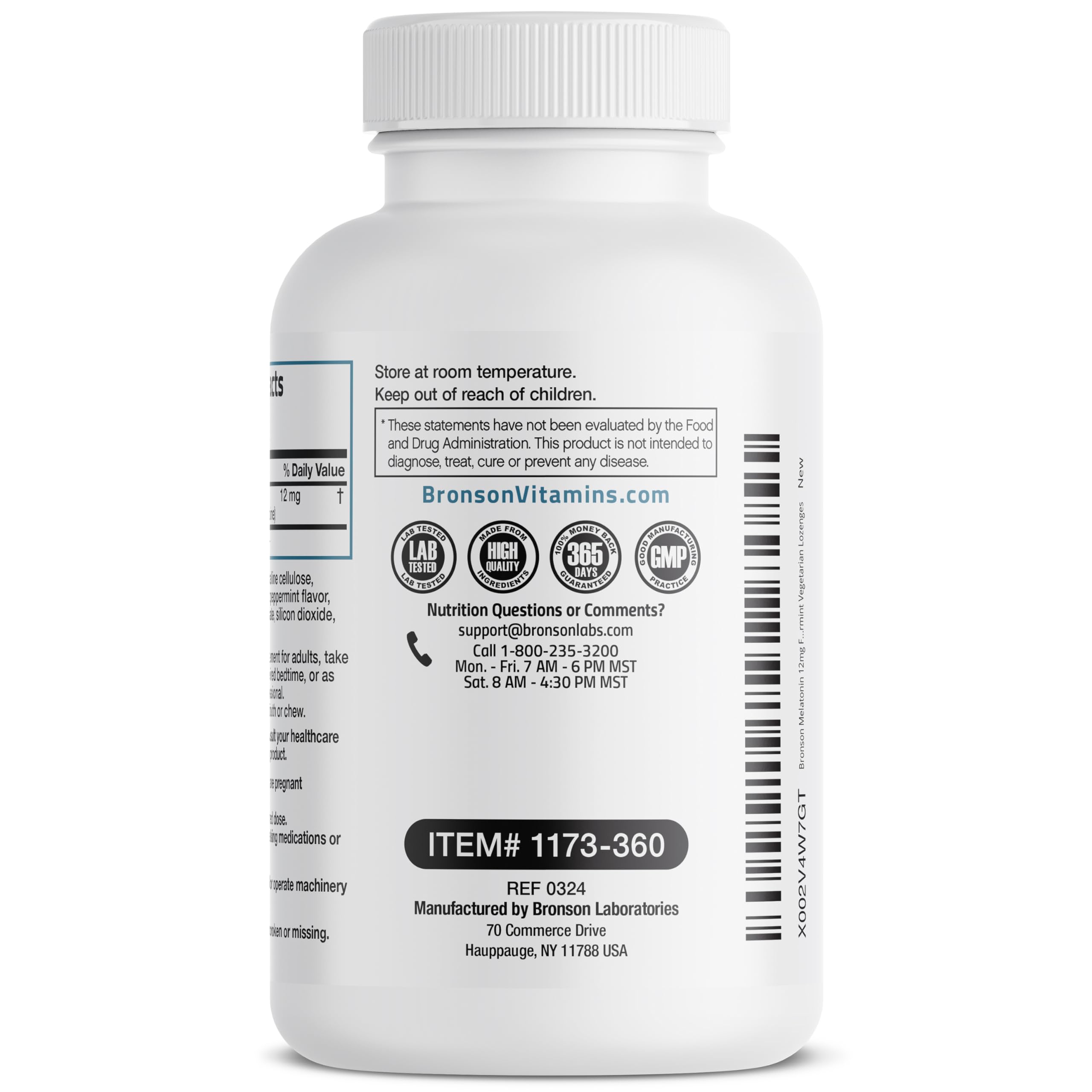 Bronson melatonin 12mg on a bedside table with clock and glass of water.