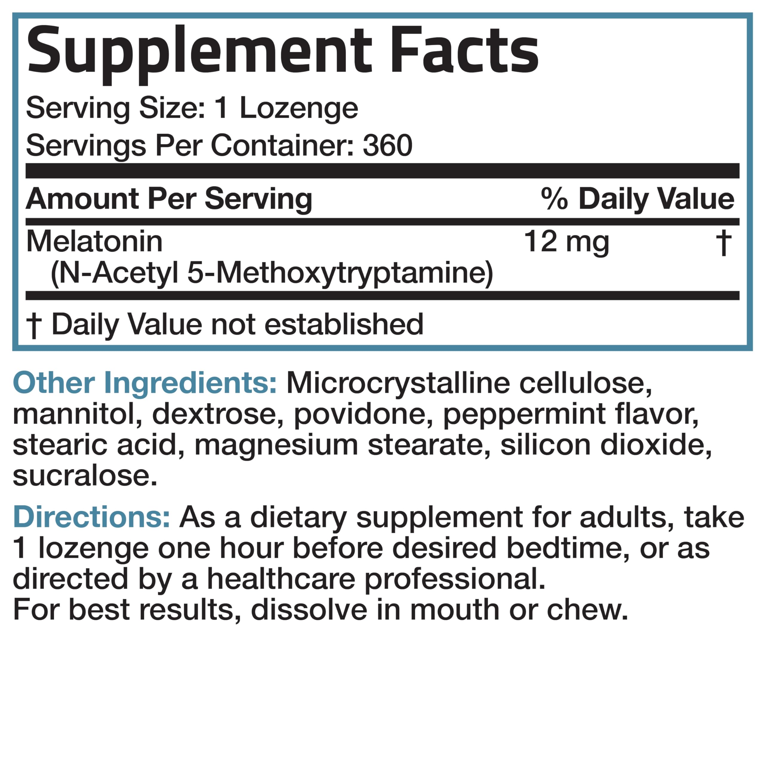 Bronson Melatonin 12mg ingredients label and vegan formula details.