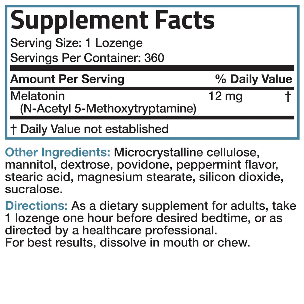Bronson Melatonin 12mg ingredients label and vegan formula details.