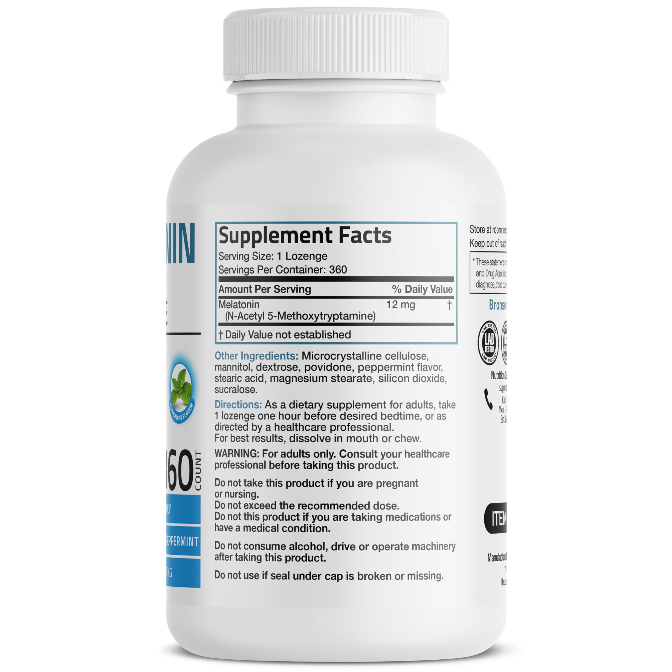 Bronson Melatonin 12mg peppermint lozenge close-up highlighting refreshing flavor and fast dissolution.