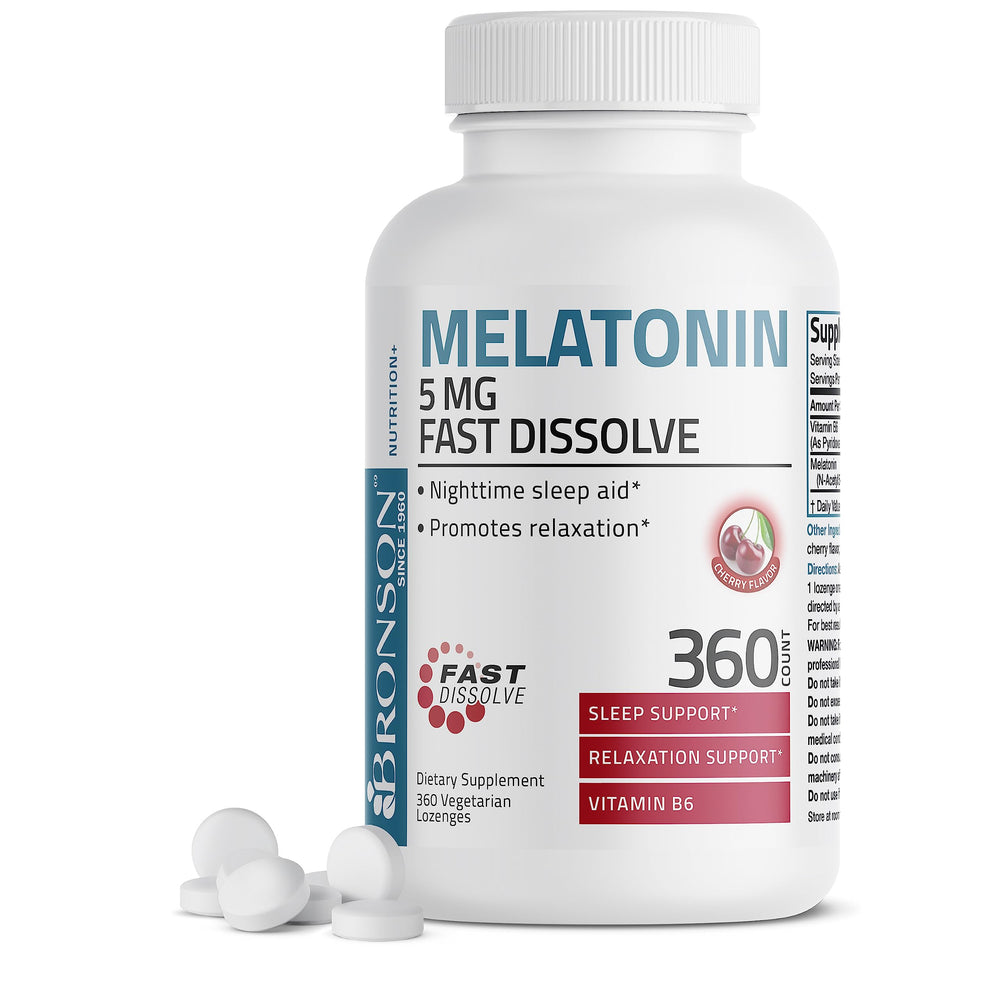 Bronson melatonin 5mg fast-dissolve cherry tablets on bottle for easy nightly use