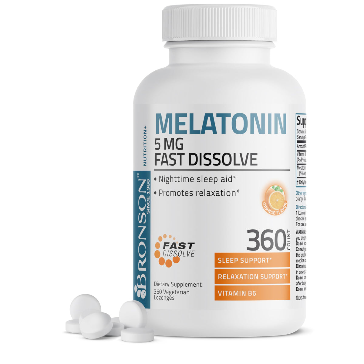 Bronson Melatonin 5mg fast-dissolve orange lozenges for quick nightly support.